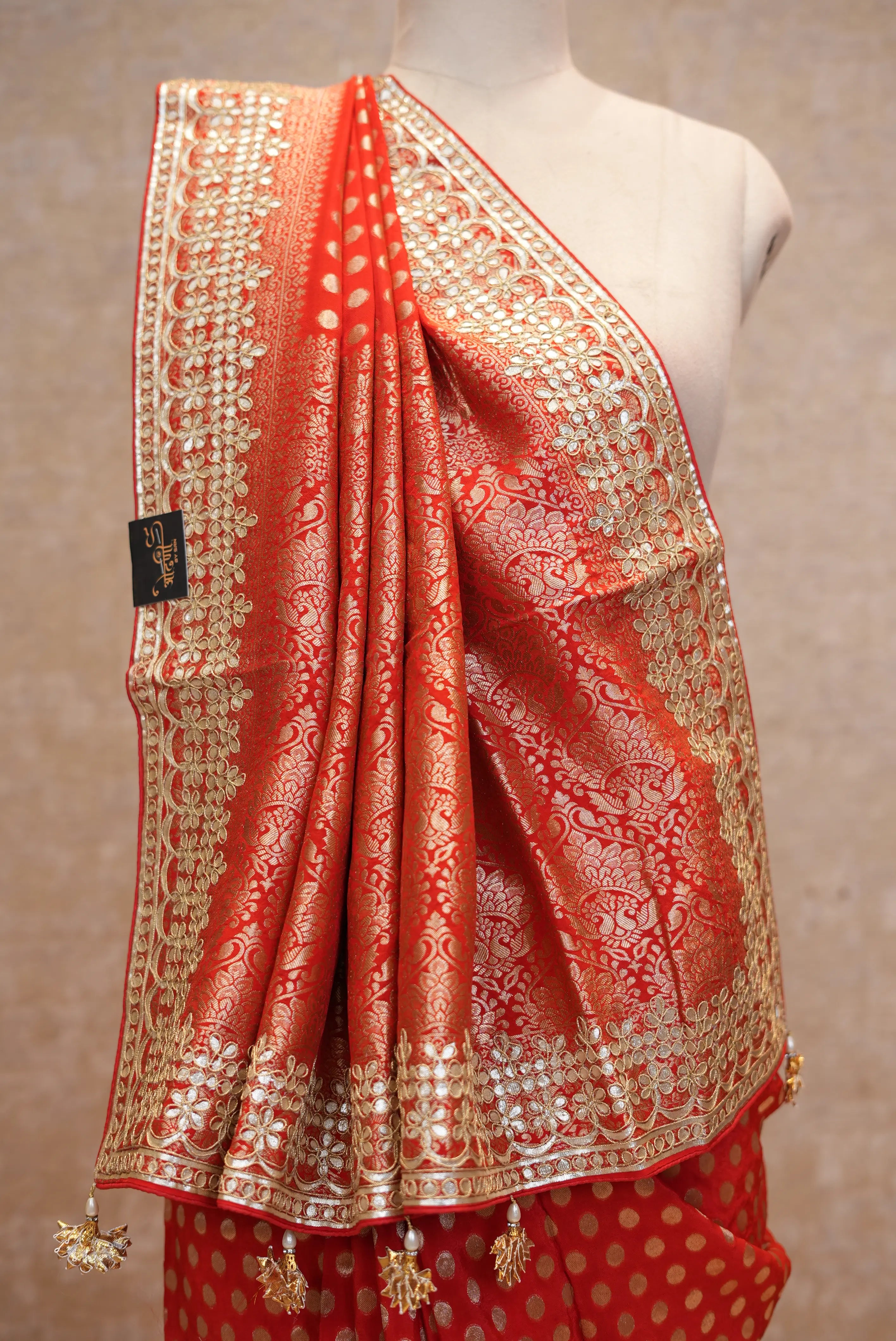 Royal Red Banarasi Style Saree with Golden Zari Work & Elegant Border