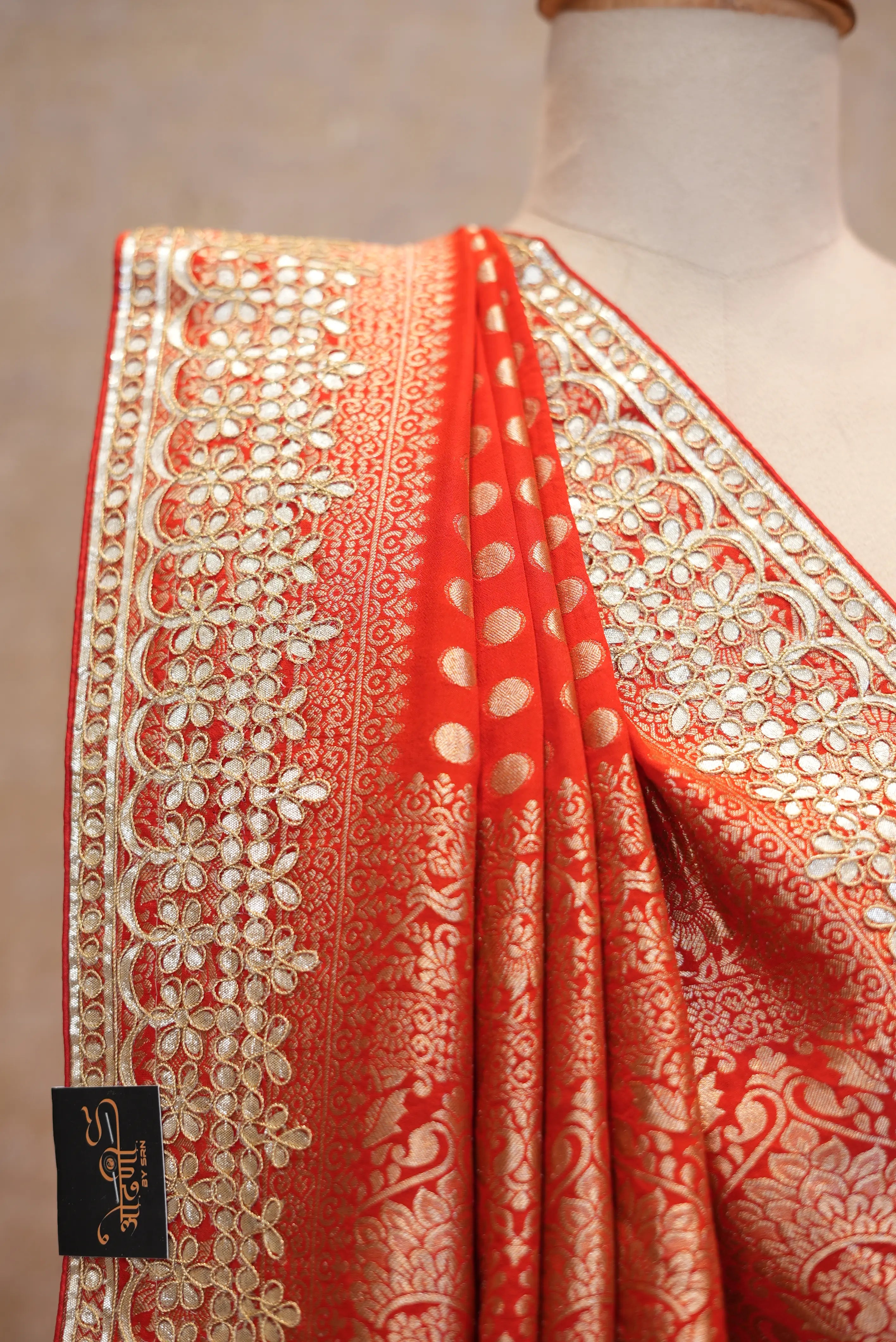 Royal Red Banarasi Style Saree with Golden Zari Work & Elegant Border