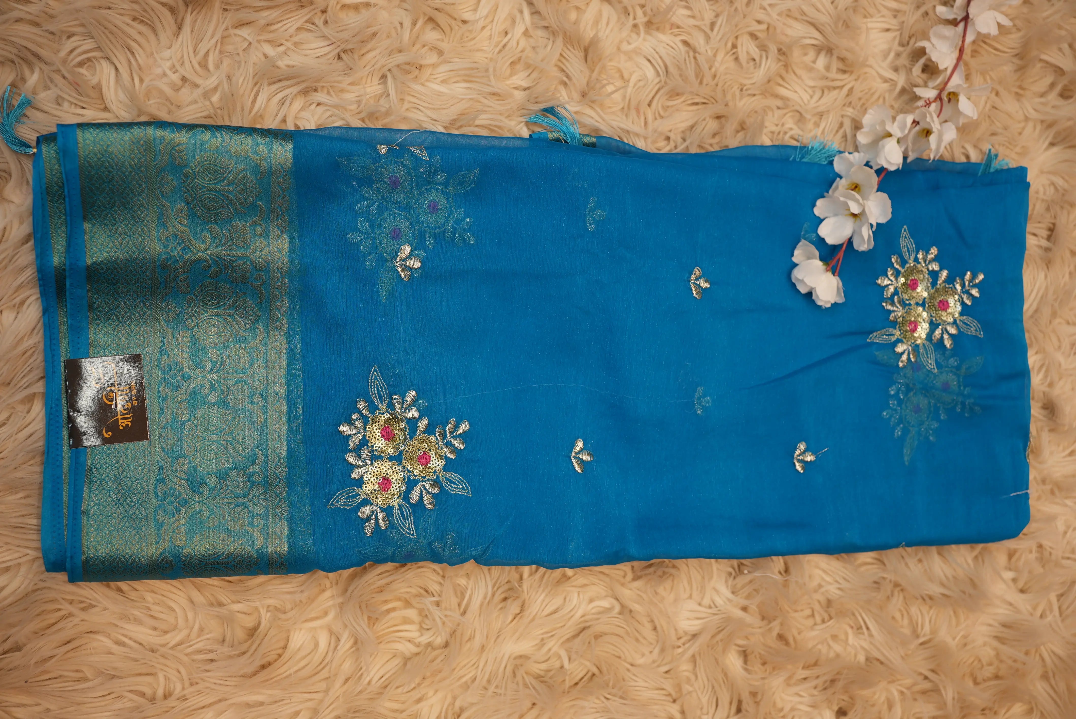 Shimmer Chiffon Saree with Zari Border & Sequin Work (With Blouse