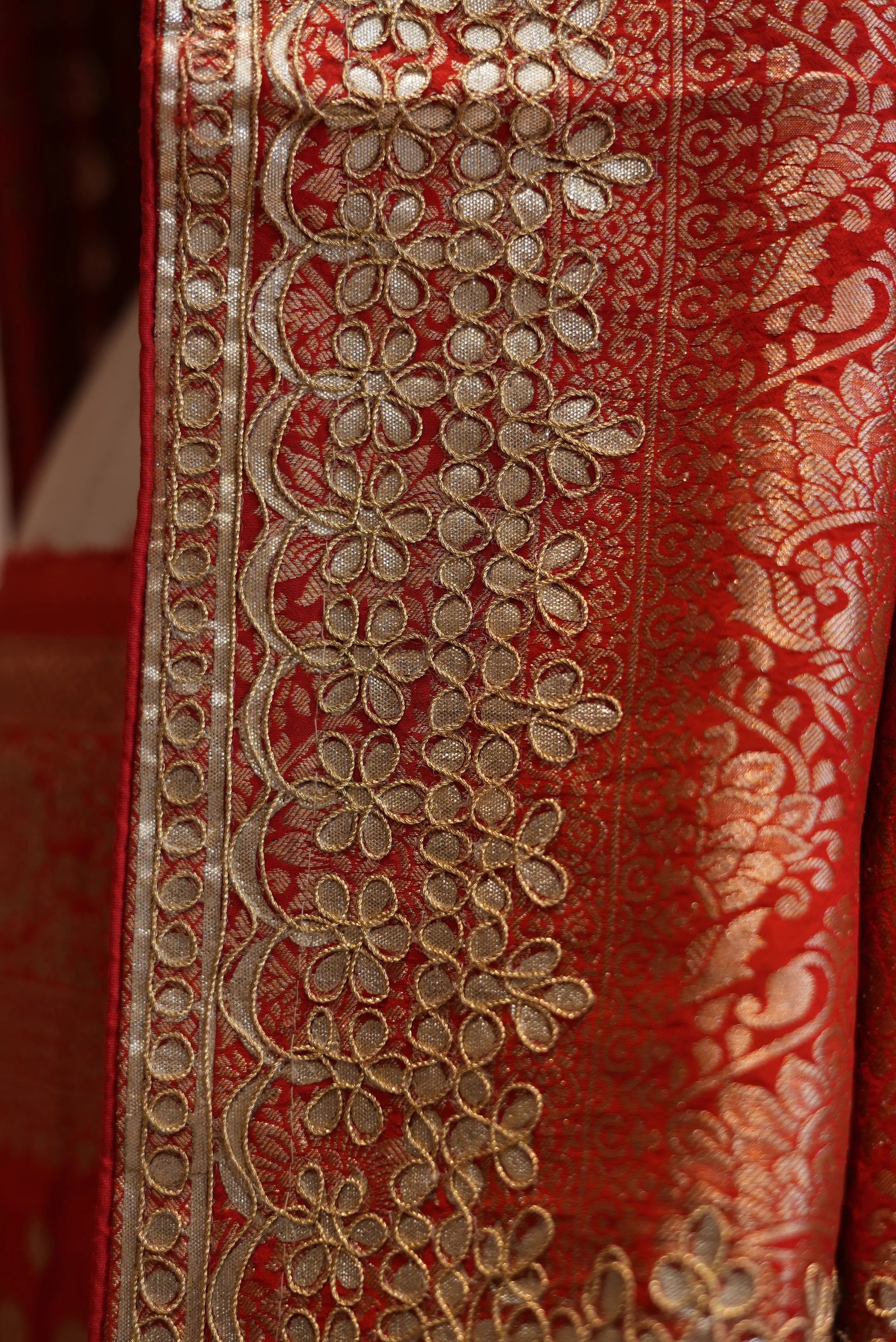 Royal Red Banarasi Style Saree with Golden Zari Work & Elegant Border