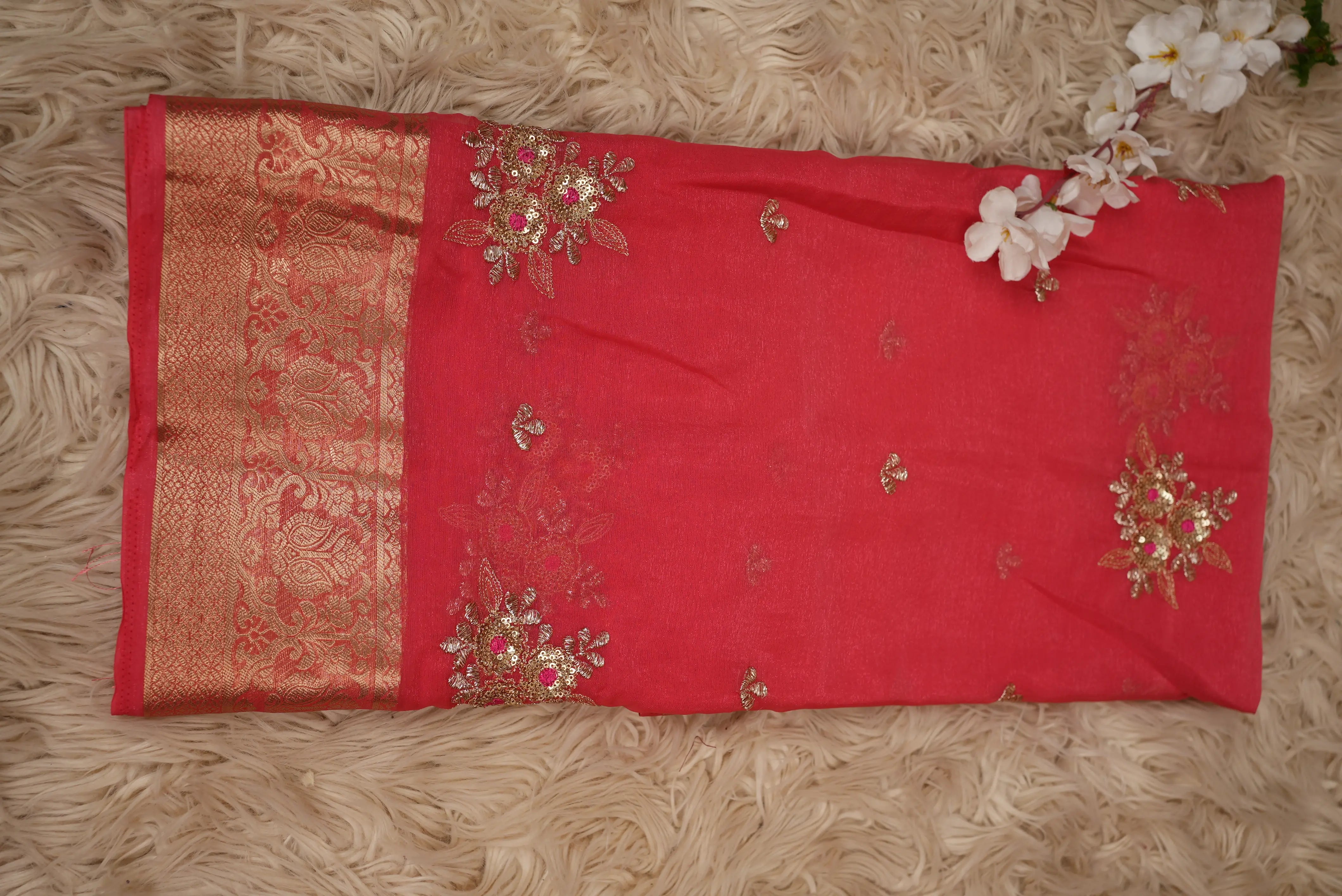 Shimmer Chiffon Saree with Zari Border & Sequin Work (With Blouse