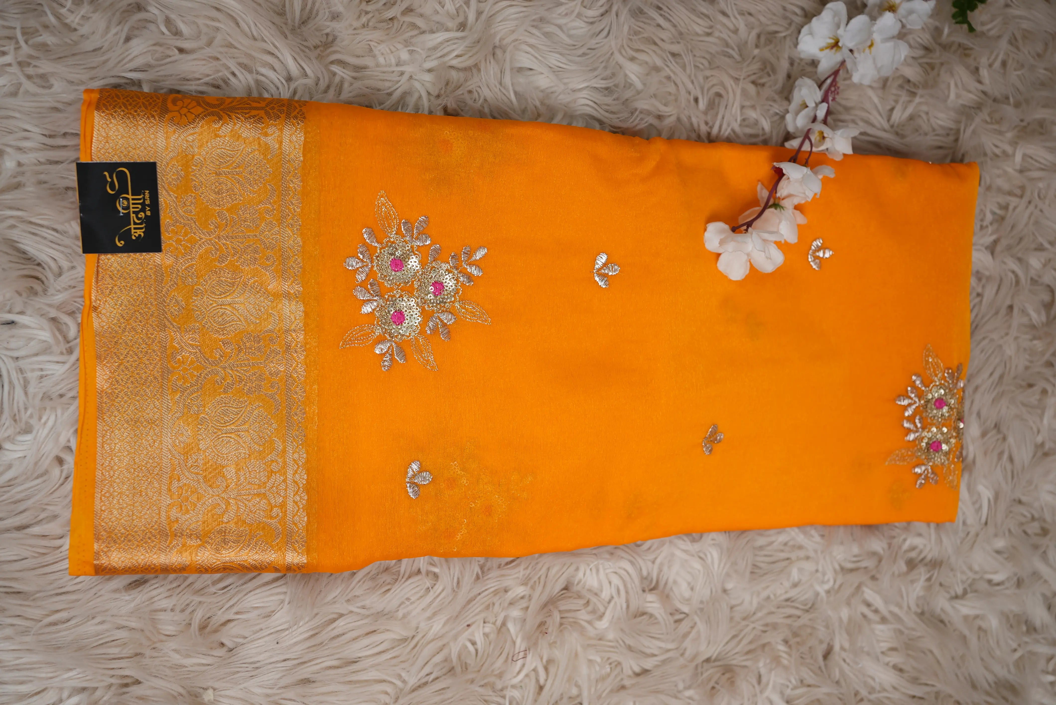 Shimmer Chiffon Saree with Zari Border & Sequin Work (With Blouse
