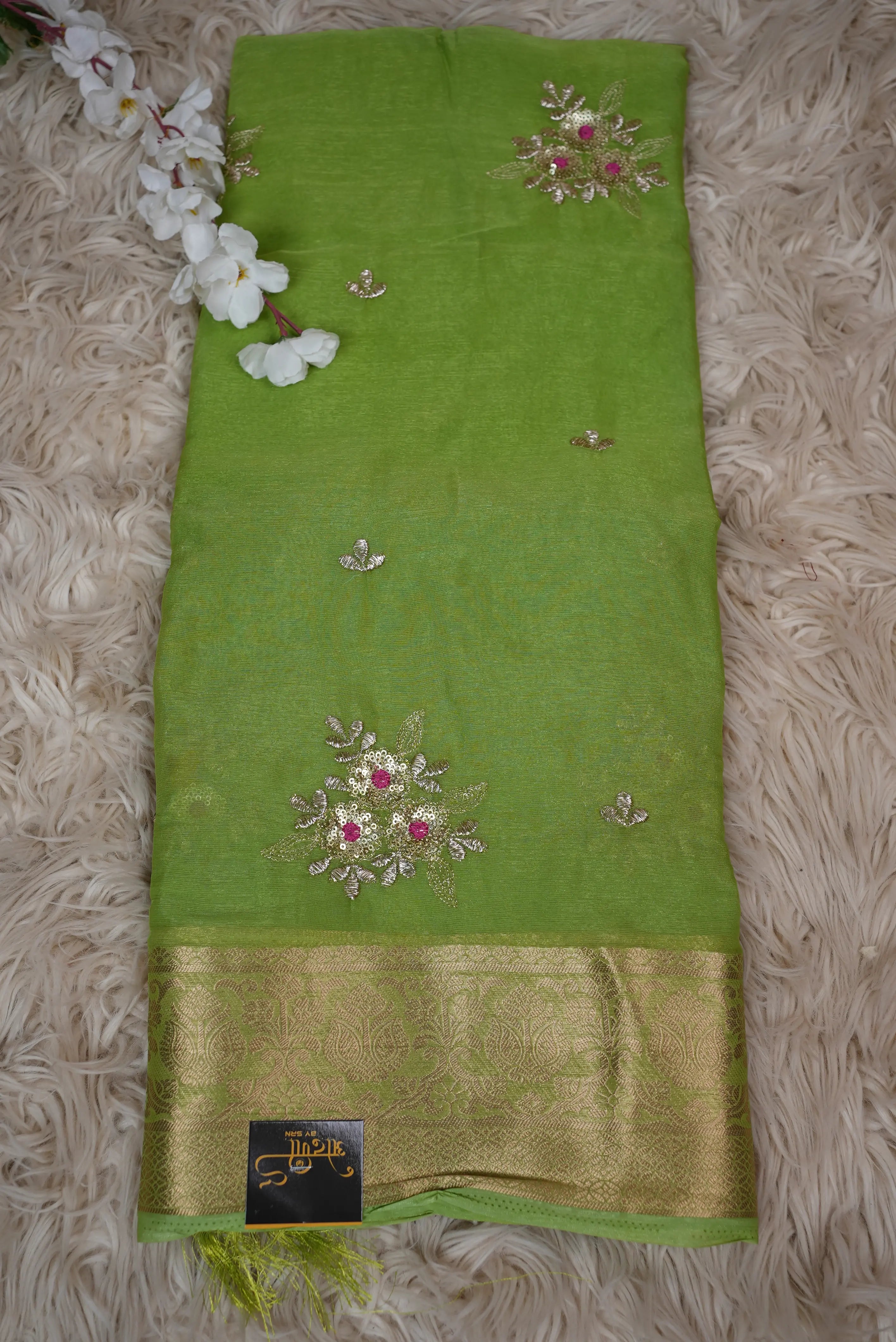 Shimmer Chiffon Saree with Zari Border & Sequin Work (With Blouse