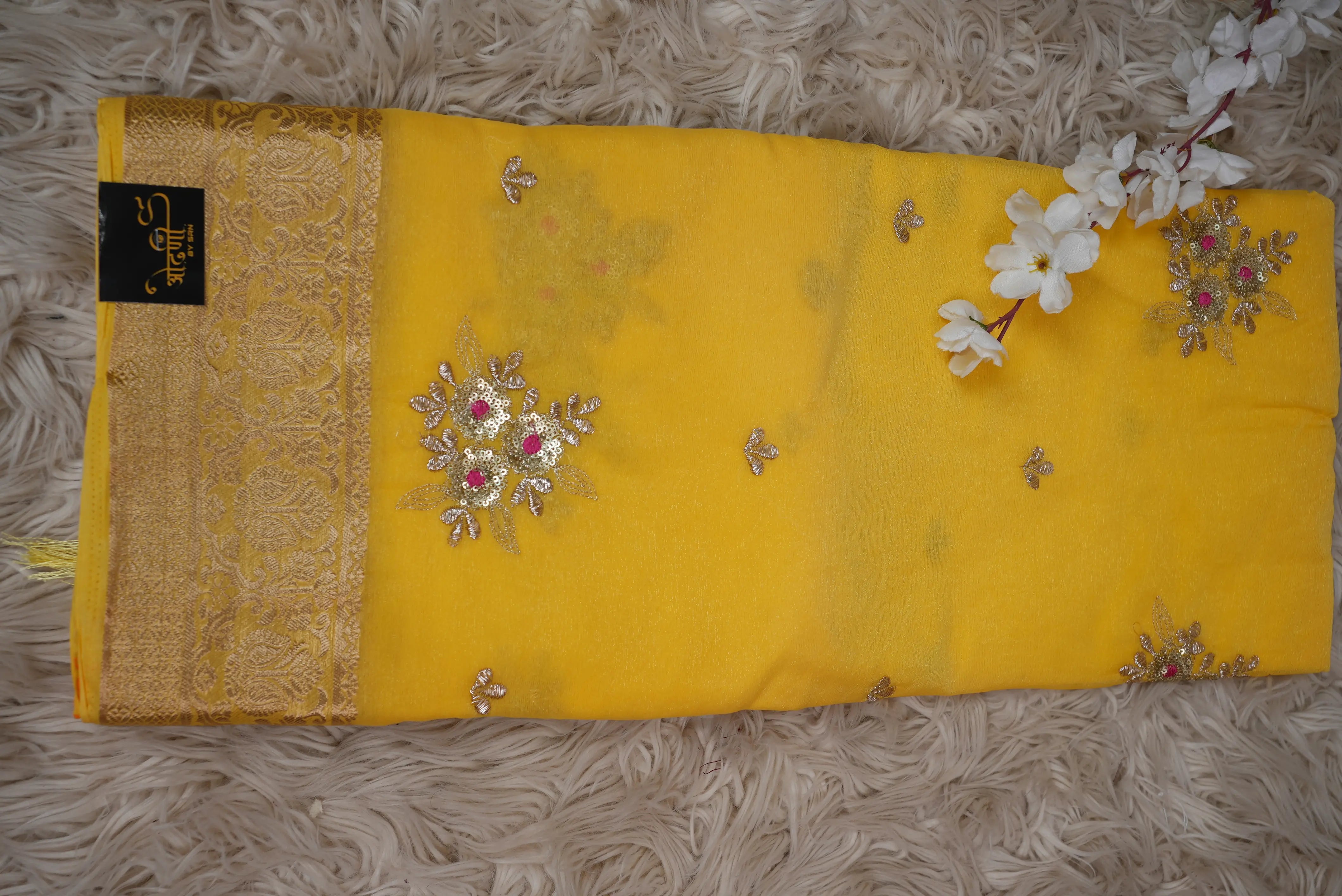Shimmer Chiffon Saree with Zari Border & Sequin Work (With Blouse