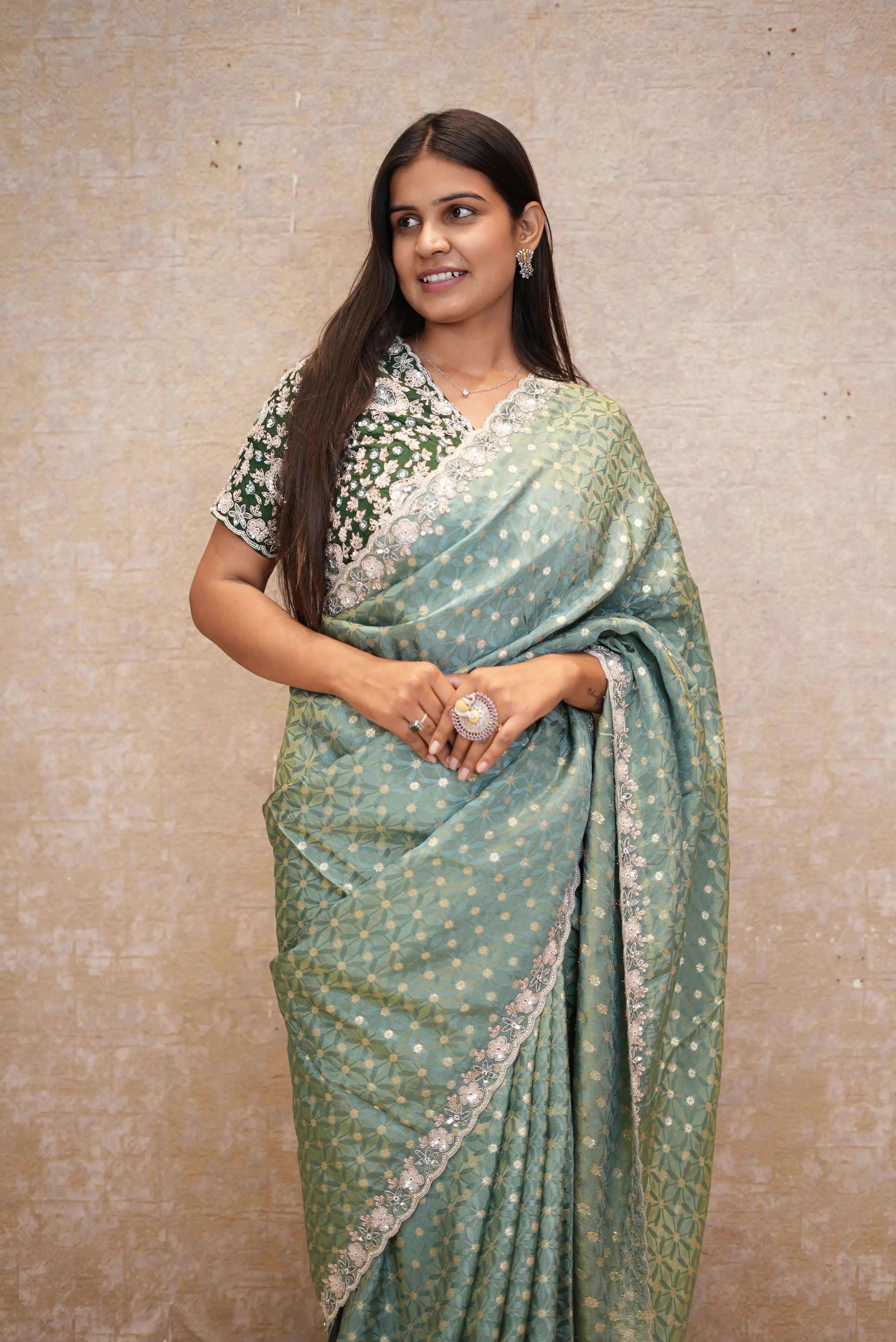 Stitched Blouse Saree with Kolkata Handwork