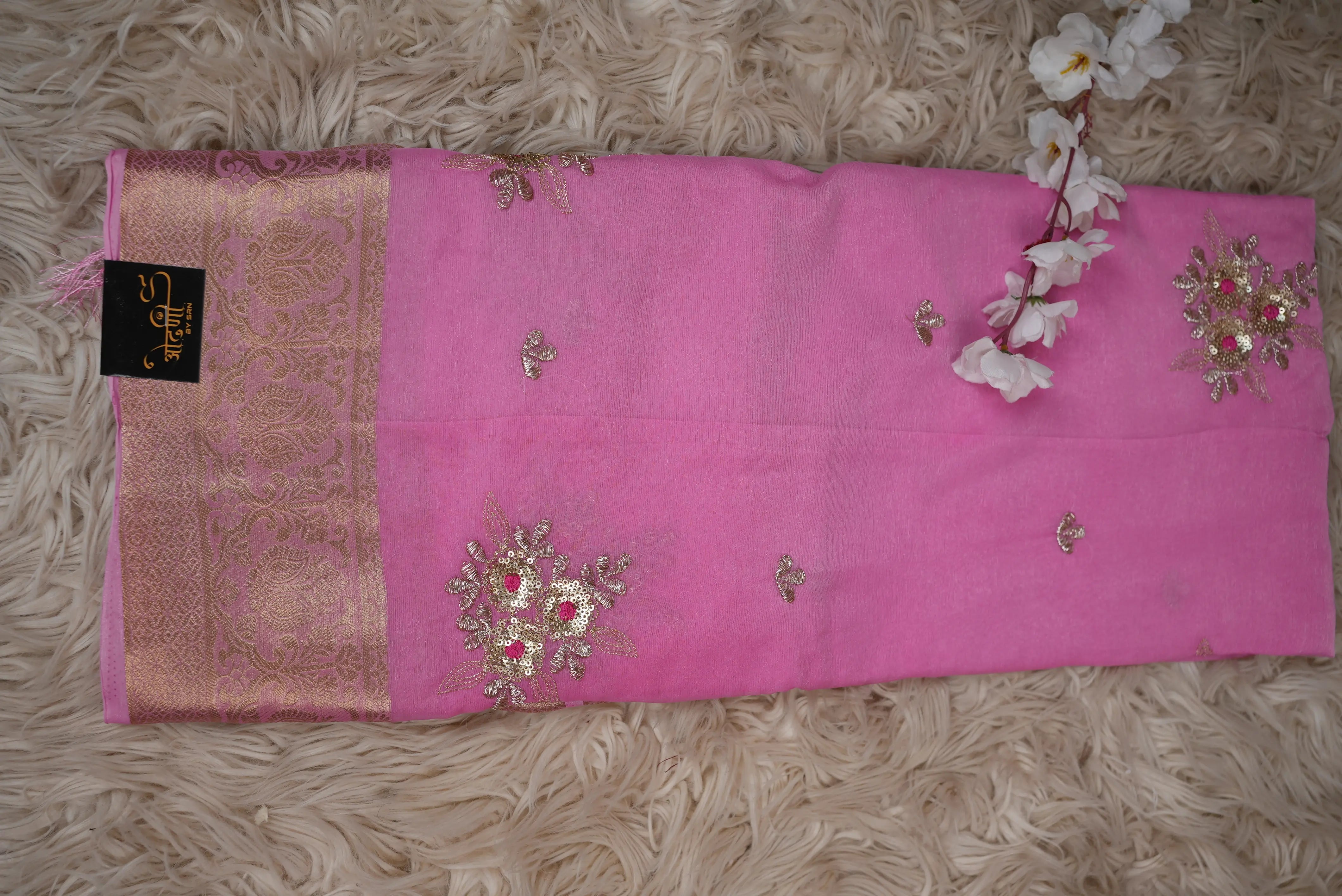 Shimmer Chiffon Saree with Zari Border & Sequin Work (With Blouse