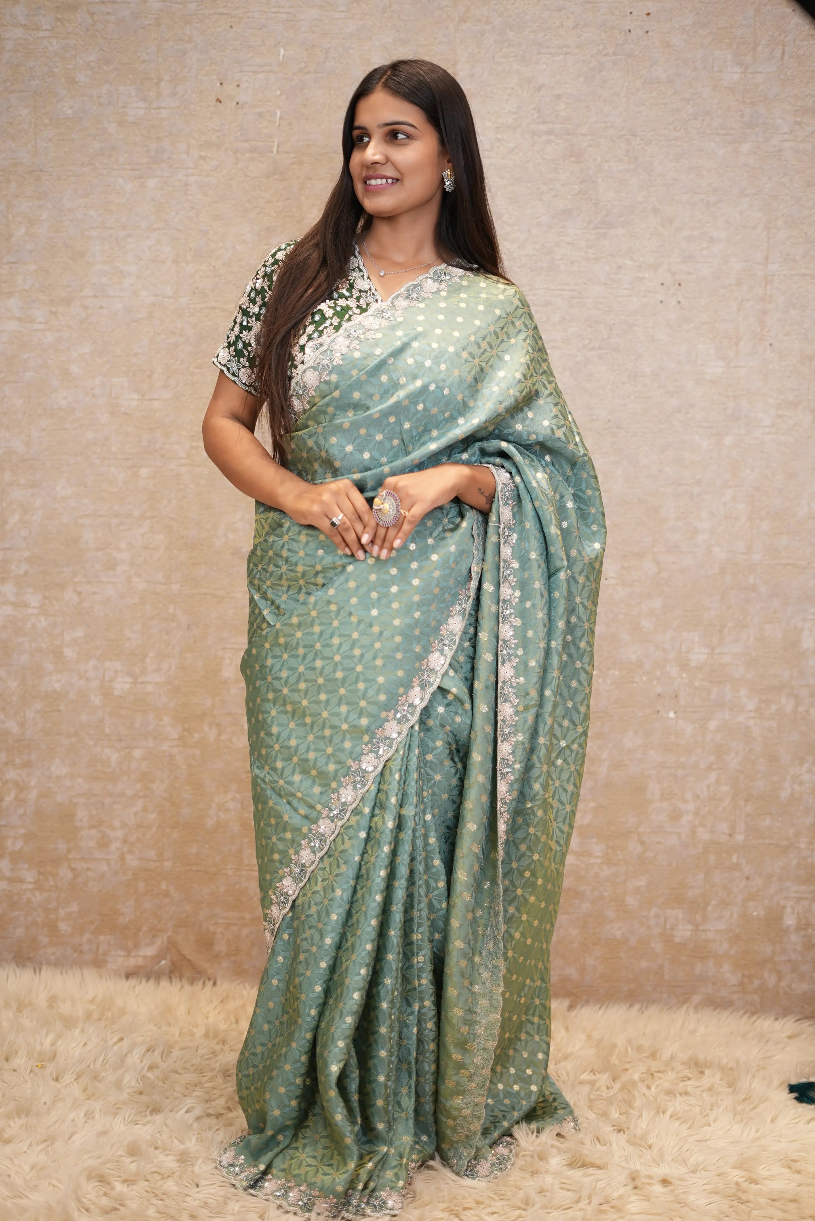 Stitched Blouse Saree with Kolkata Handwork