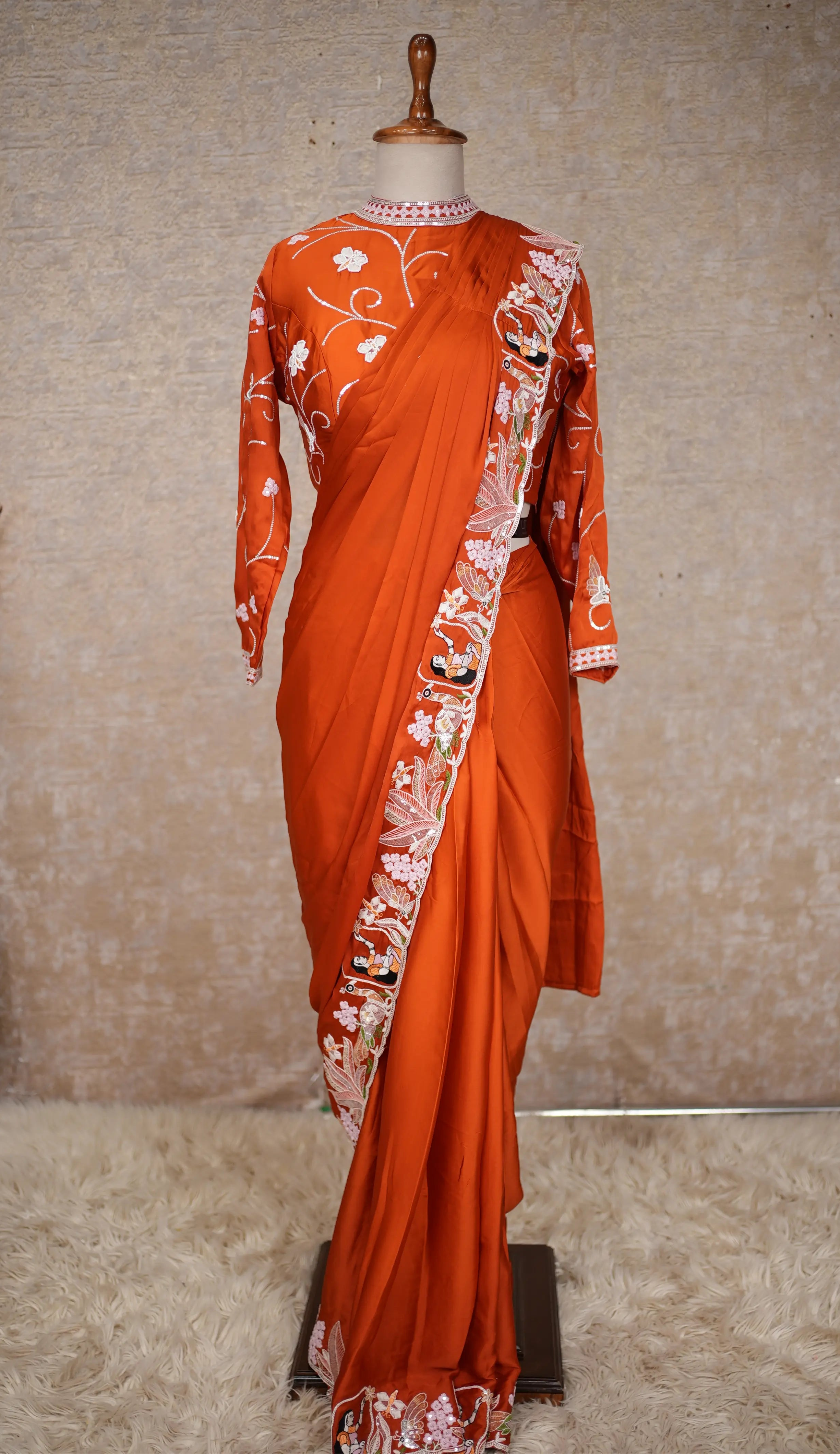 Elegant Rust Orange Embroidered Saree with Designer Blouse for Festive & Wedding Wear