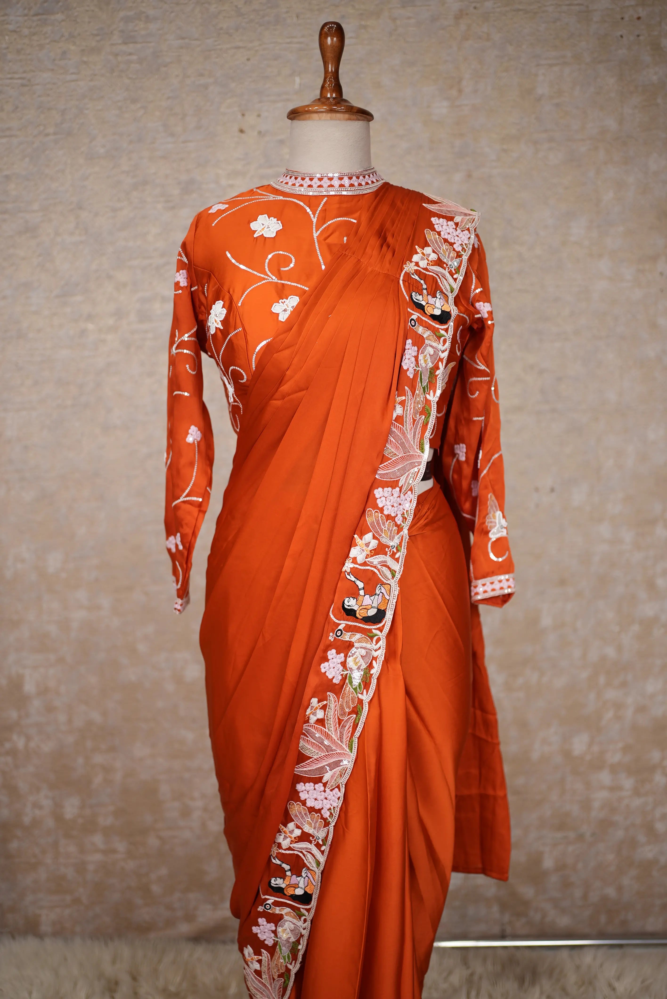 Elegant Rust Orange Embroidered Saree with Designer Blouse for Festive & Wedding Wear