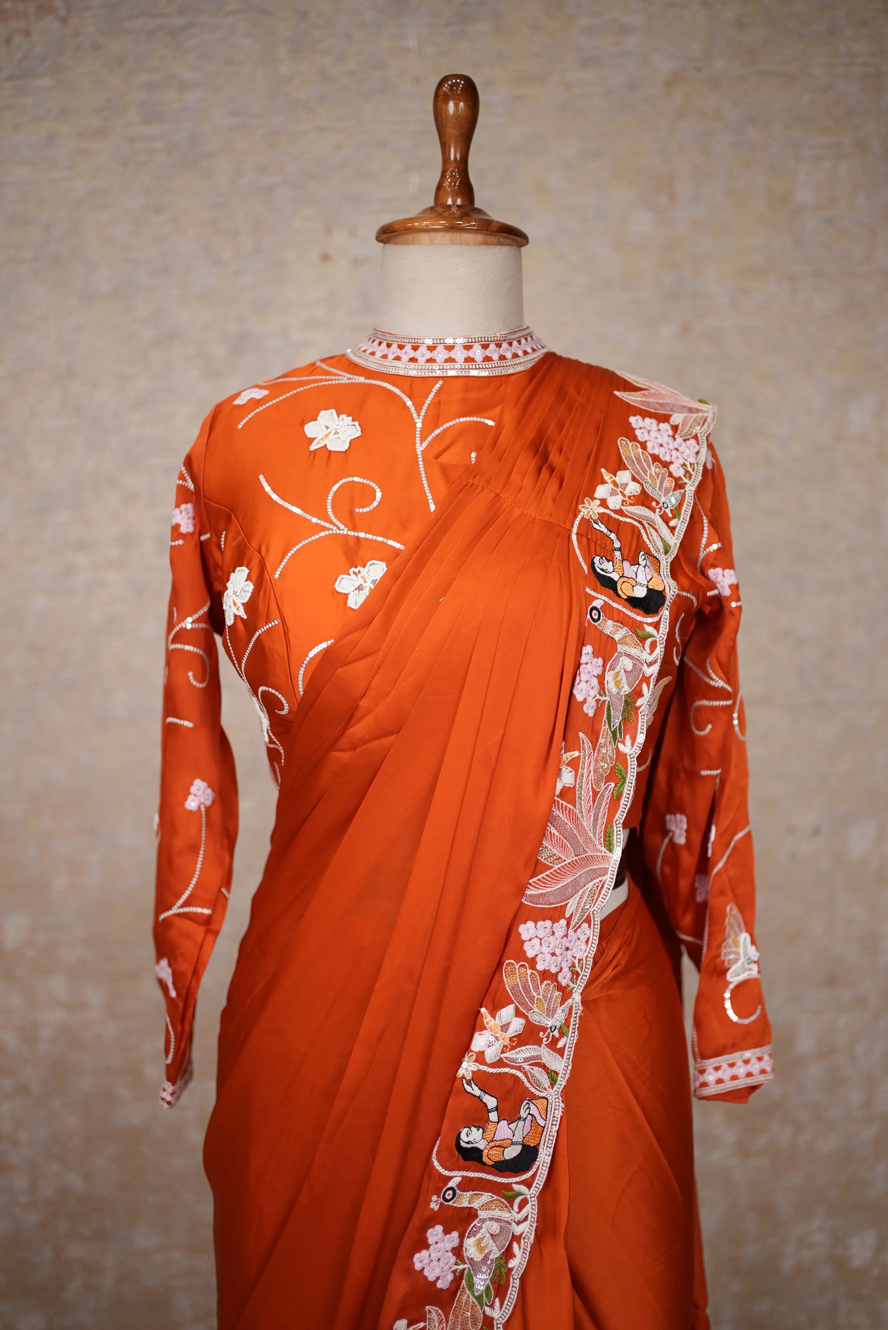 Elegant Rust Orange Embroidered Saree with Designer Blouse for Festive & Wedding Wear
