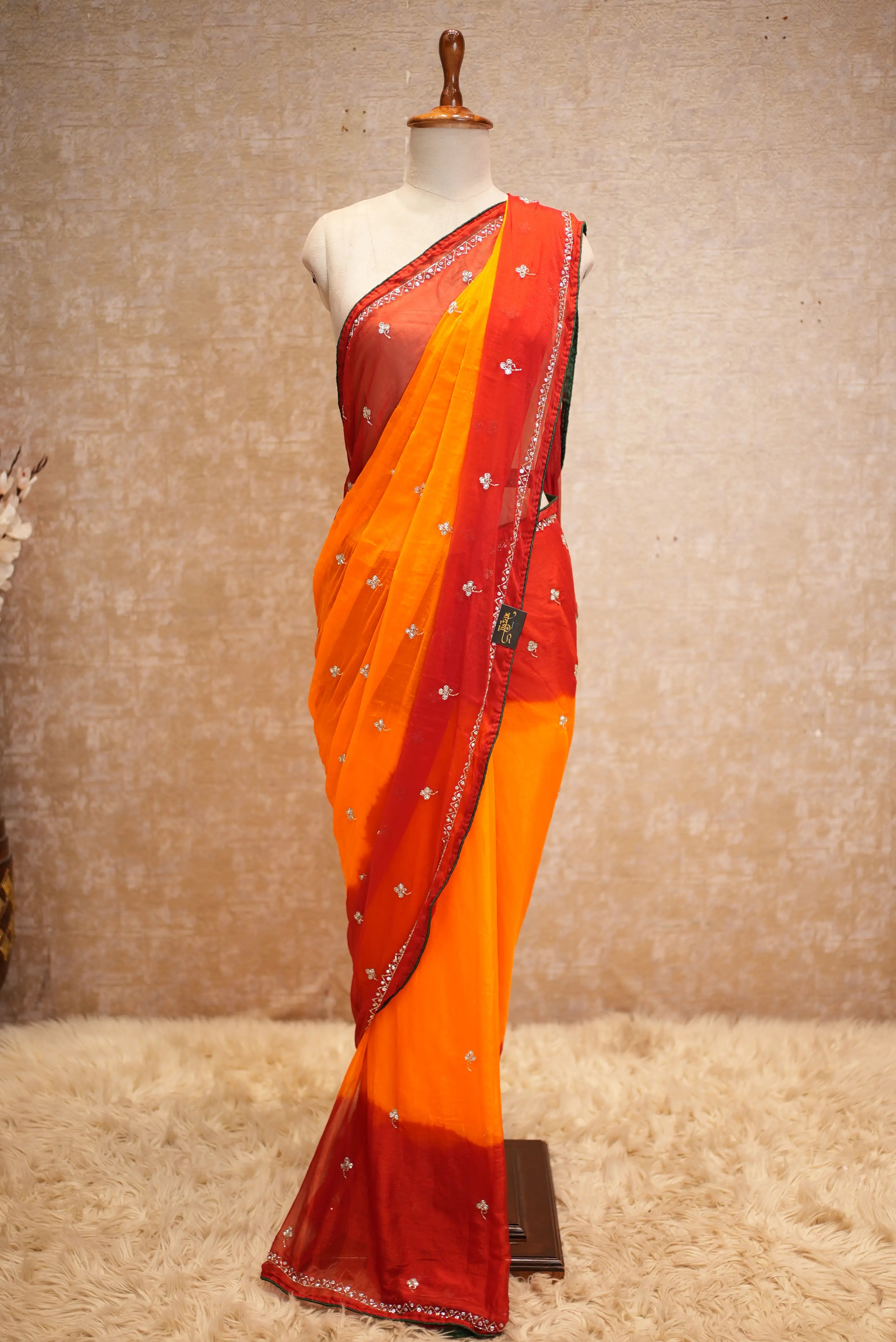 Shimmer Chiffon Fabric Handwork Pila Saree