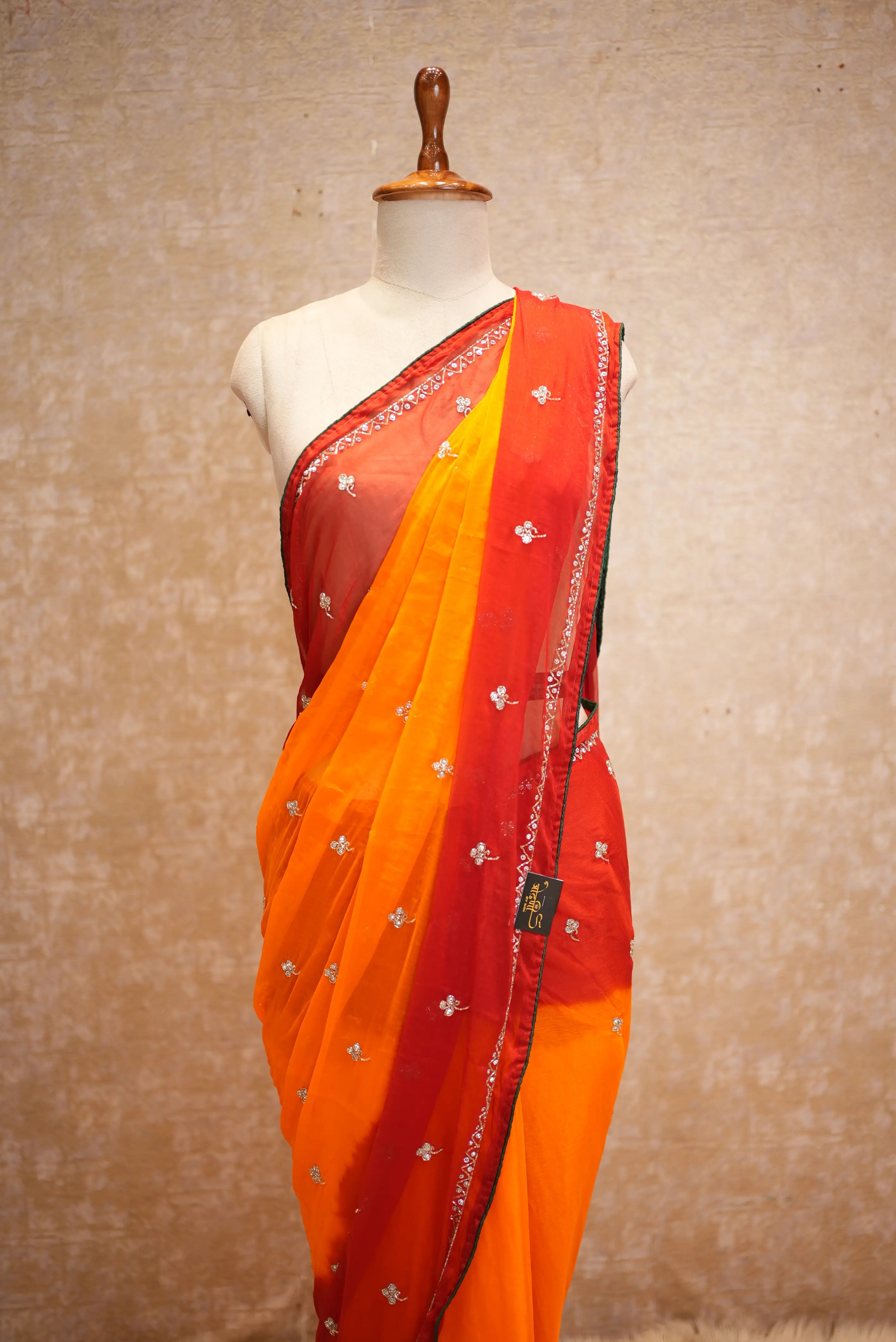 Shimmer Chiffon Fabric Handwork Pila Saree