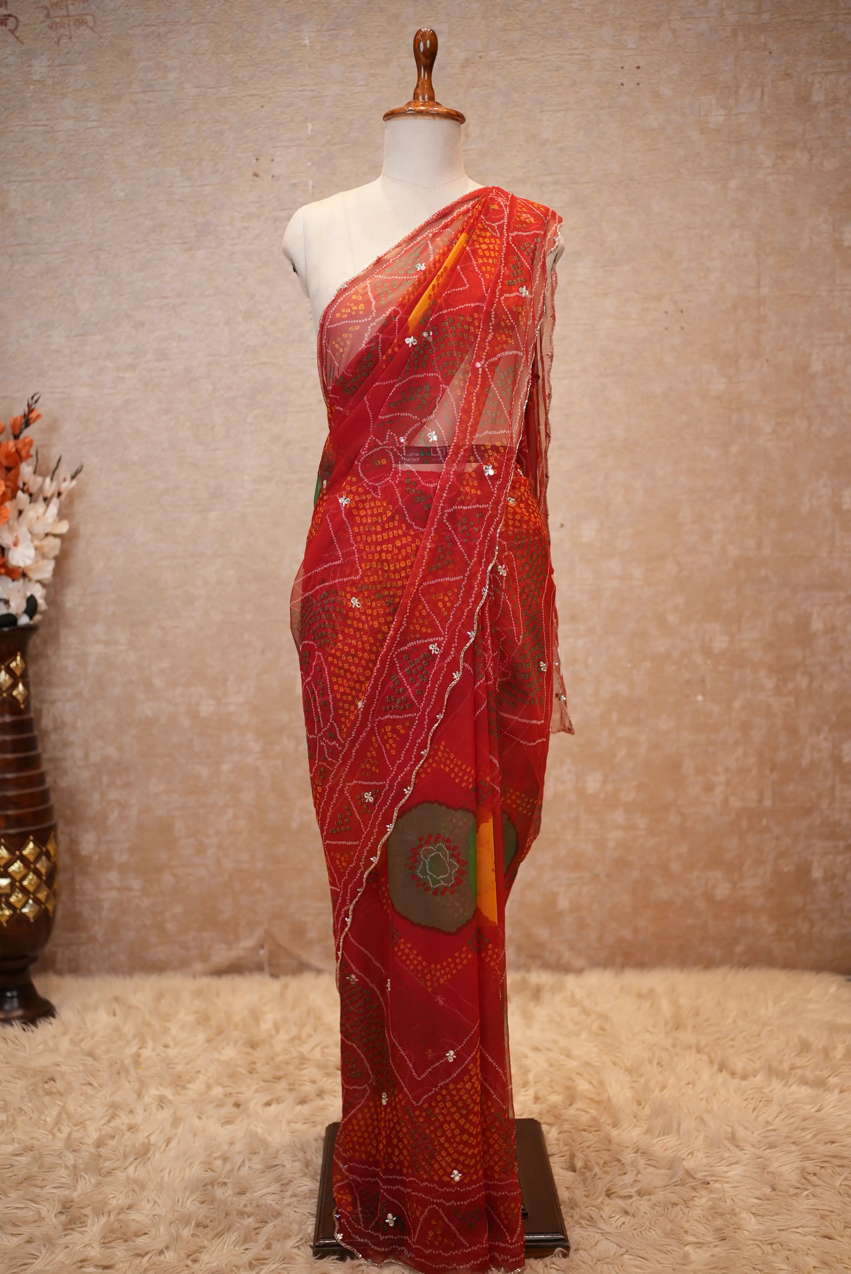 Shekhawati Bandhani Design Georgette Saree With Handwork Touch (With Blouse)