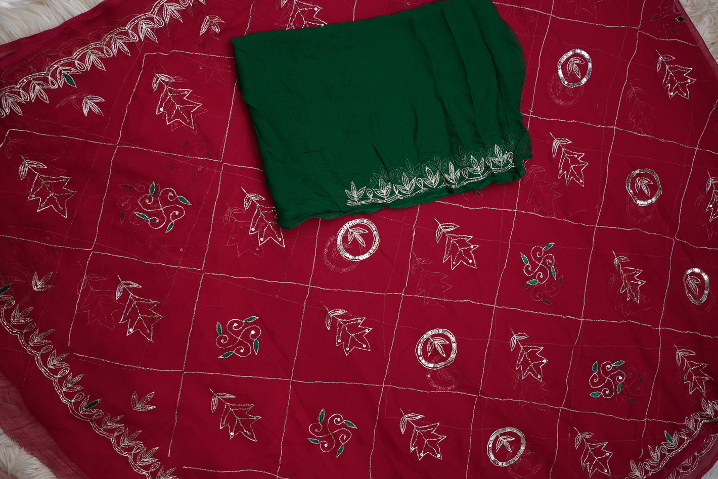 PURE THAKUR JI CHIFFON AARI TARI WORK SAREE WITH SWASTIK DESIGN (WITH BLOUSE) ##SR0300