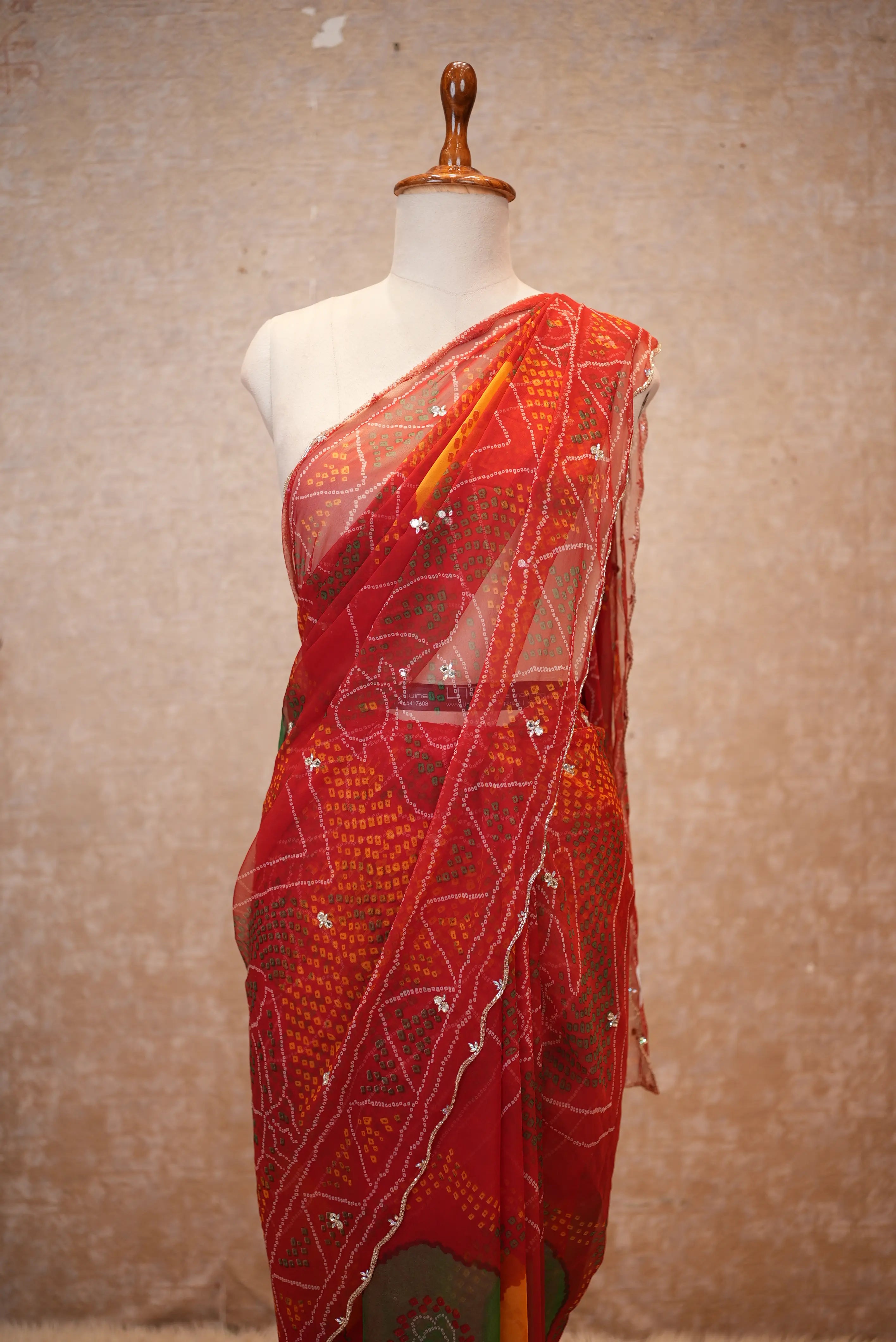 Shekhawati Bandhani Design Georgette Saree With Handwork Touch (With Blouse)