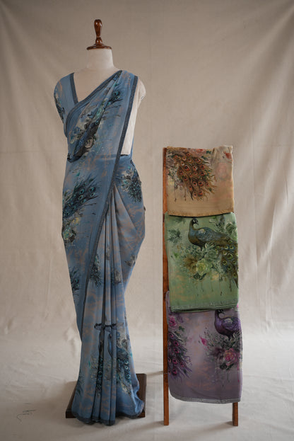 GEORGETTE FABRIC PEACOCK DESIGN DAILY WEAR SAREE WITH SIROSKI WORK BORDER (WITH BLOUSE) ##SR0308