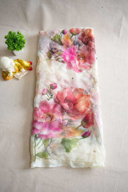 FLOWER PRINT RAJPUTI SAREE WITH AARI TARI WORK ( WITHOUT BLOUSE) ##SR0309