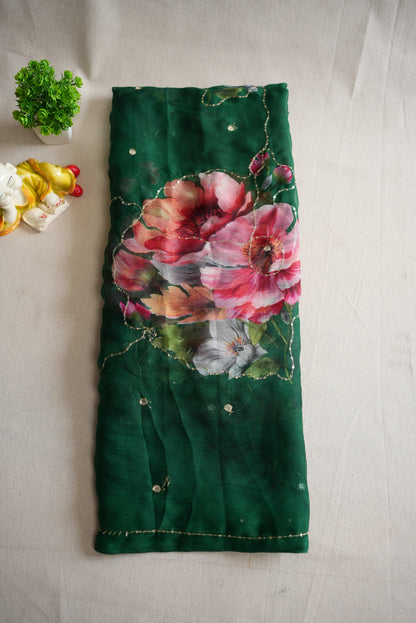 FLOWER PRINT RAJPUTI SAREE WITH AARI TARI WORK ( WITHOUT BLOUSE) ##SR0309