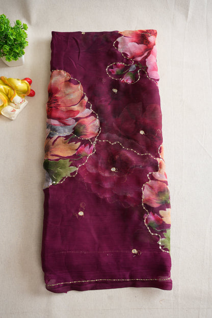 FLOWER PRINT RAJPUTI SAREE WITH AARI TARI WORK ( WITHOUT BLOUSE) ##SR0309