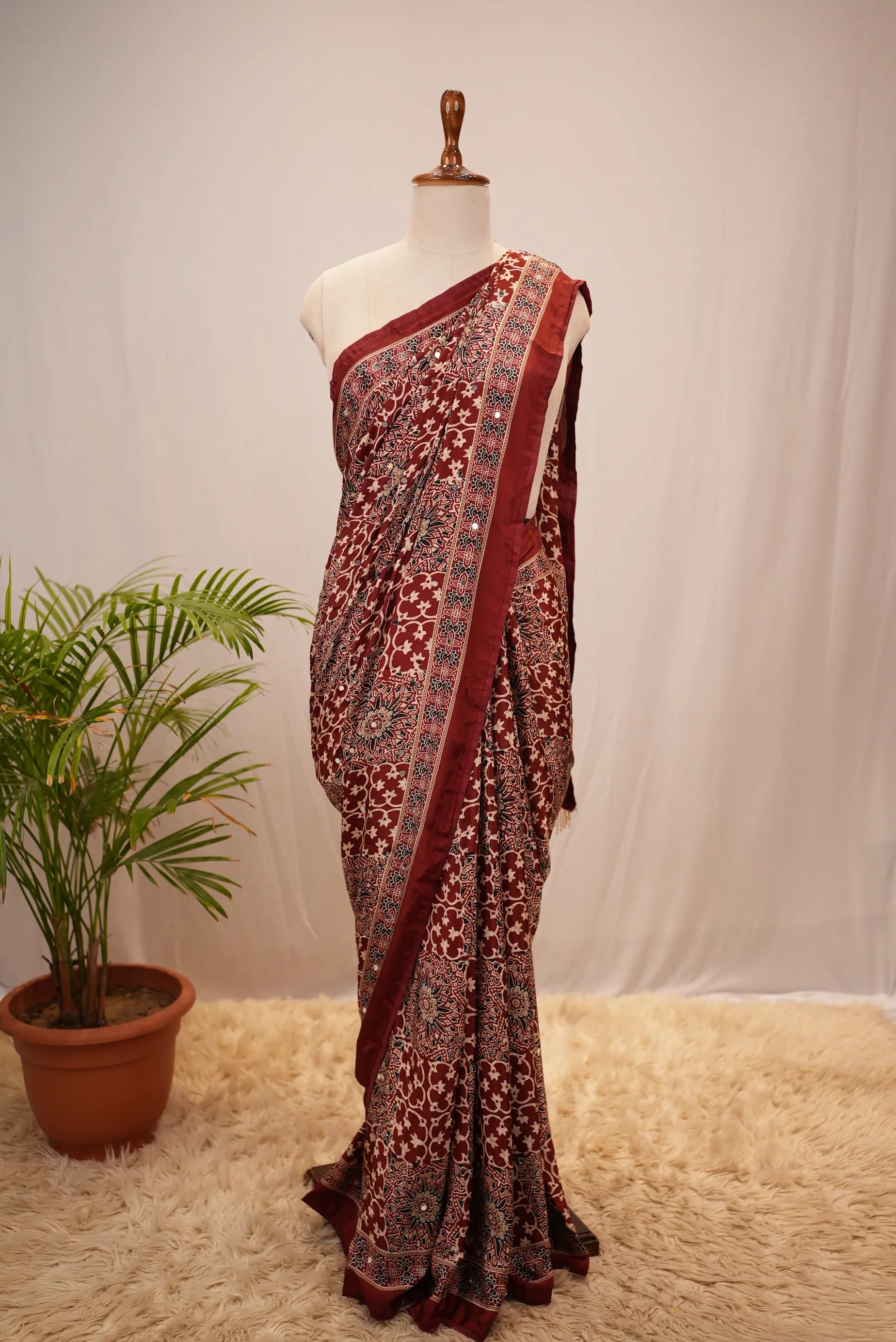 Ajrakh Print Saree with Mirror Work (With Blouse)