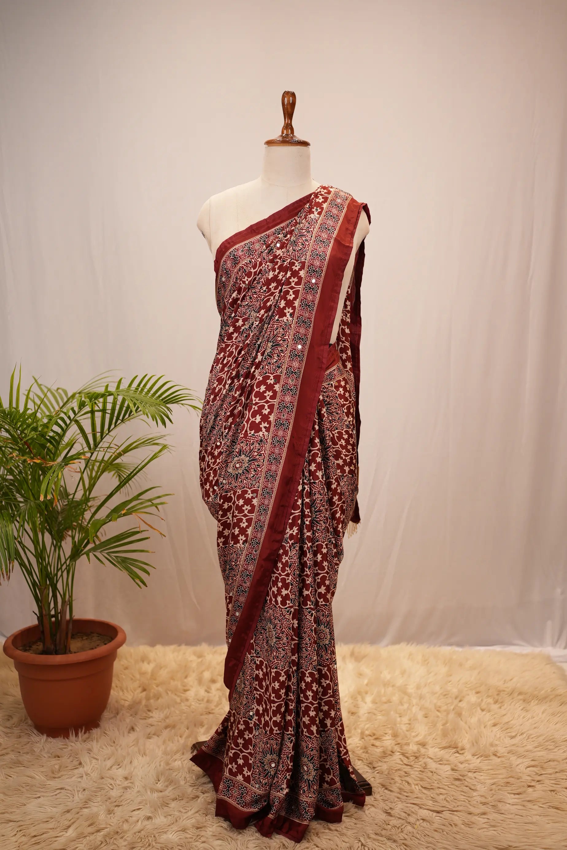 Ajrakh Print Saree with Mirror Work (With Blouse)