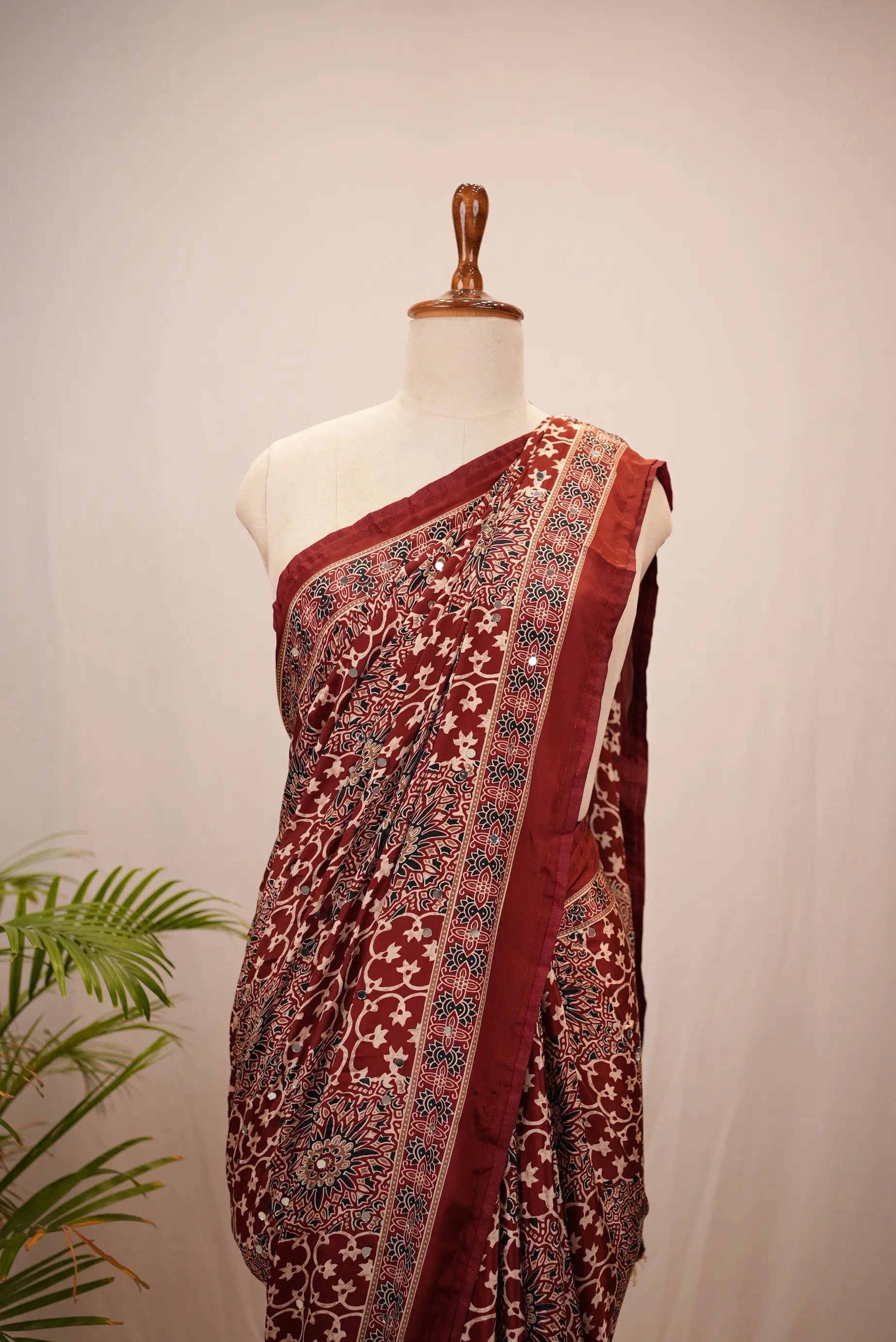 Ajrakh Print Saree with Mirror Work (With Blouse)