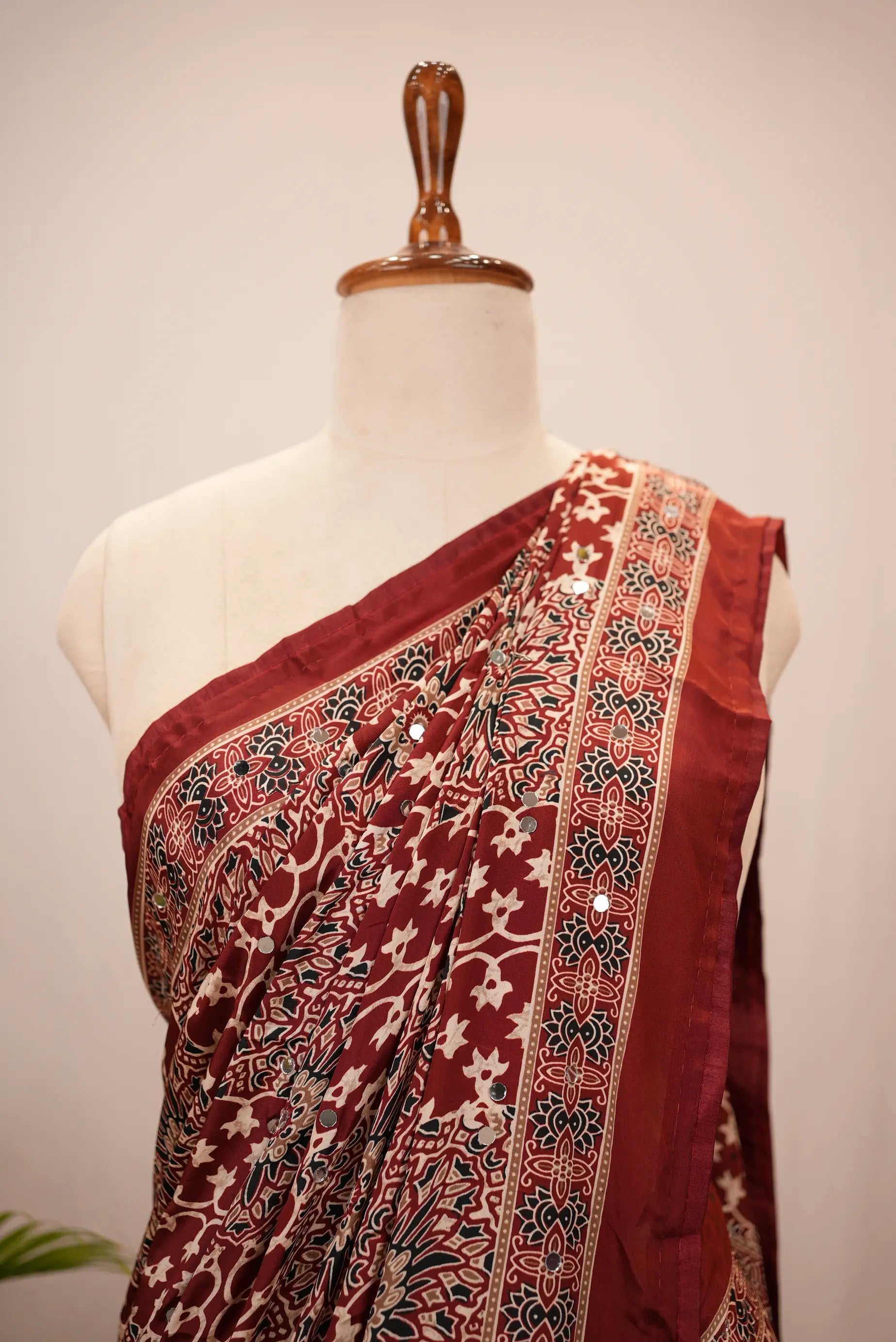 Ajrakh Print Saree with Mirror Work (With Blouse)