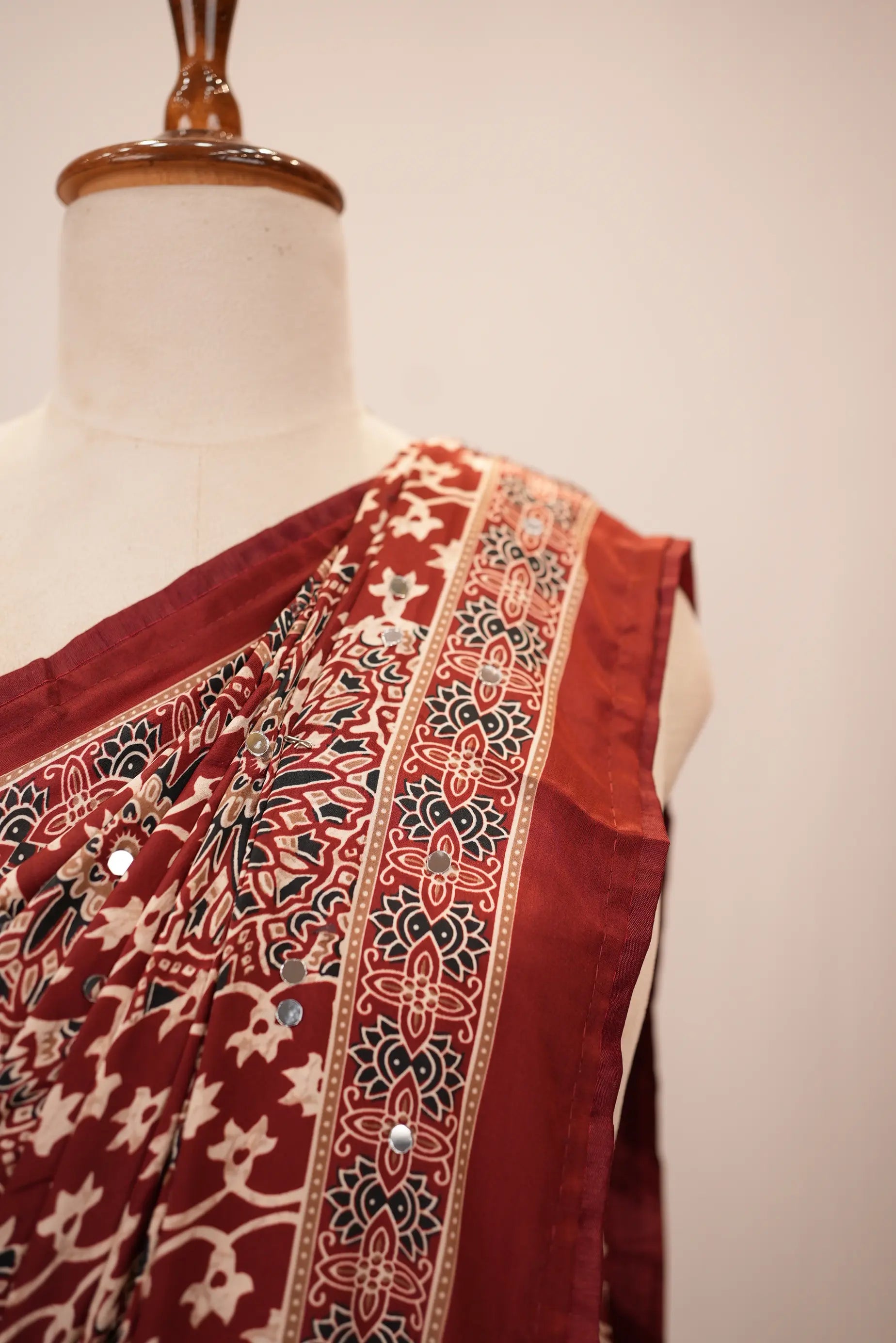 Ajrakh Print Saree with Mirror Work (With Blouse)