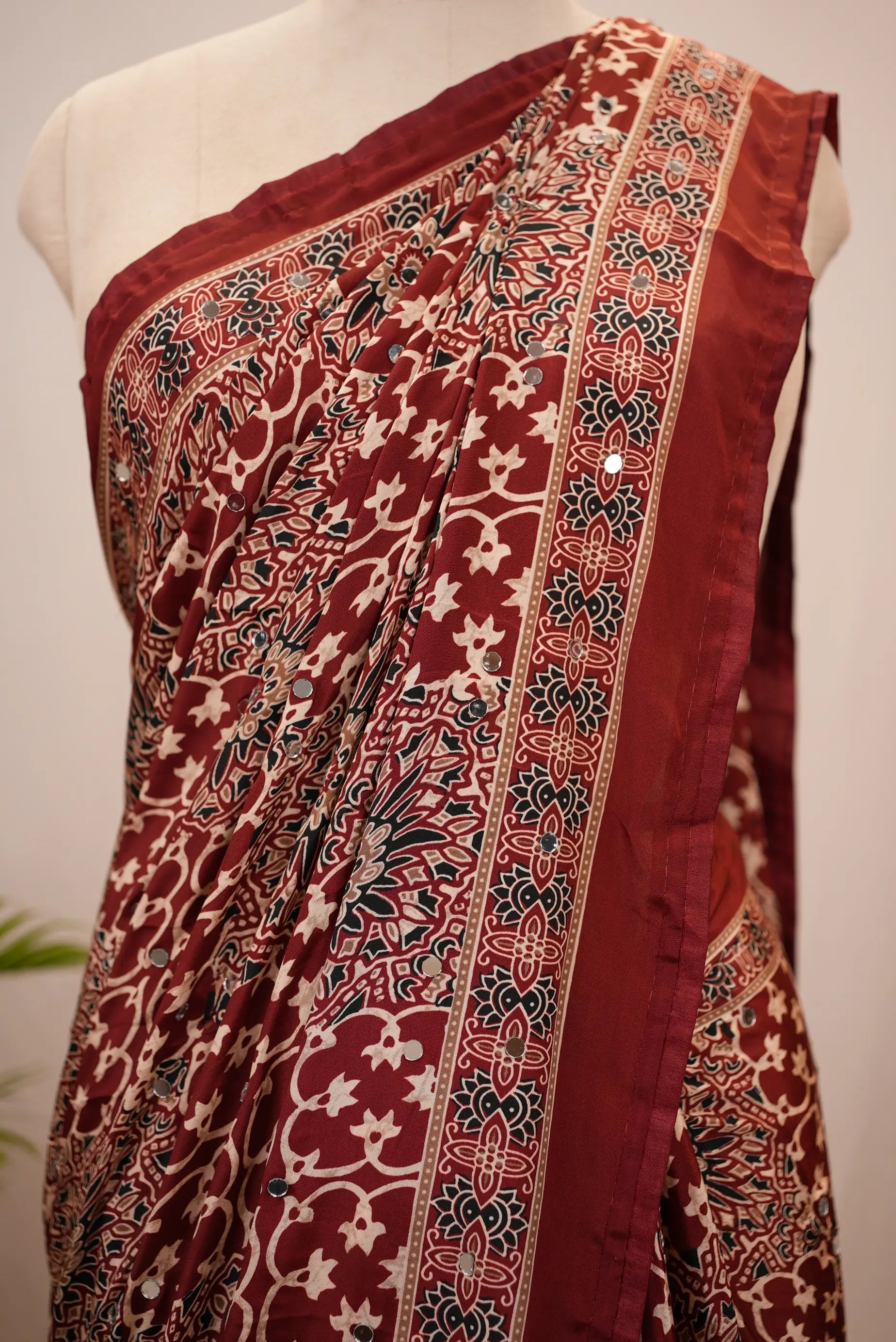 Ajrakh Print Saree with Mirror Work (With Blouse)