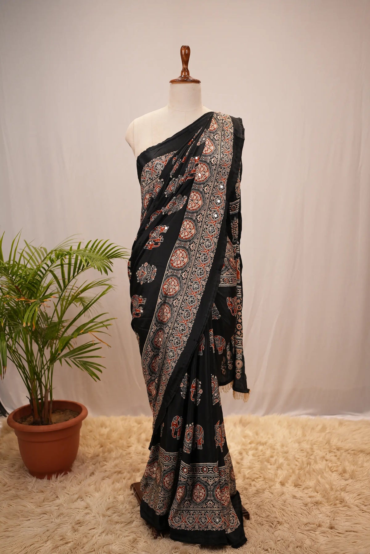 Ajrakh Print Saree with Mirror Work (With Blouse)