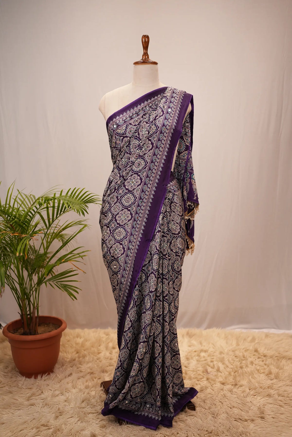 Ajrakh Print Saree with Mirror Work (With Blouse)