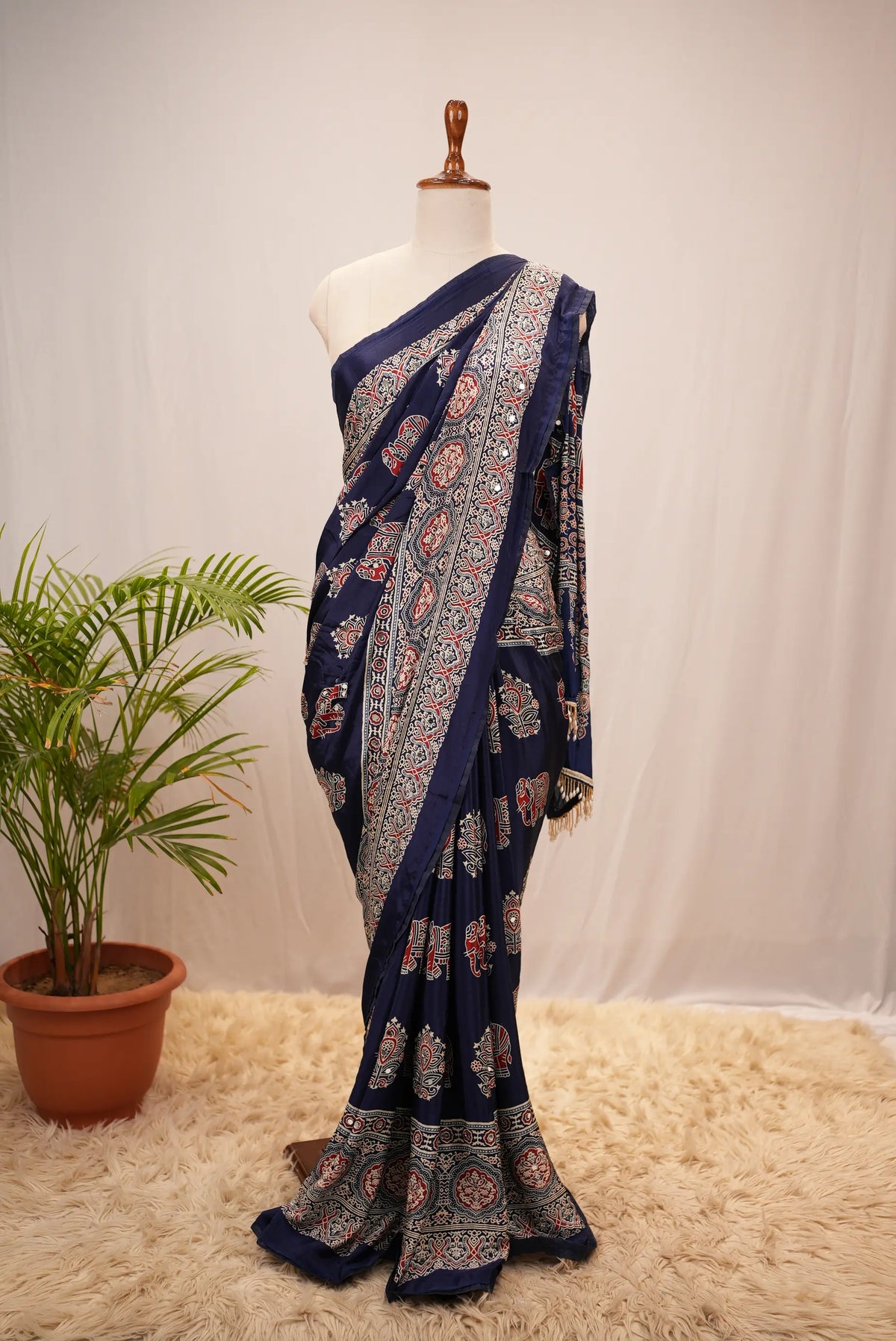 Ajrakh Print Saree with Mirror Work (With Blouse)