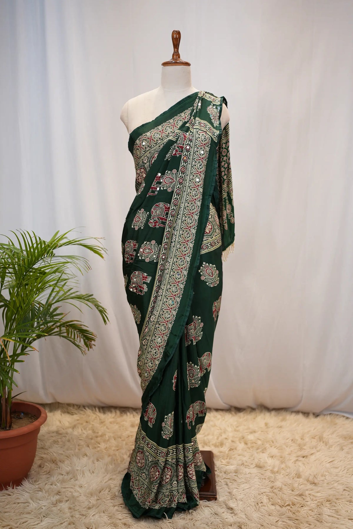 Ajrakh Print Saree with Mirror Work (With Blouse)