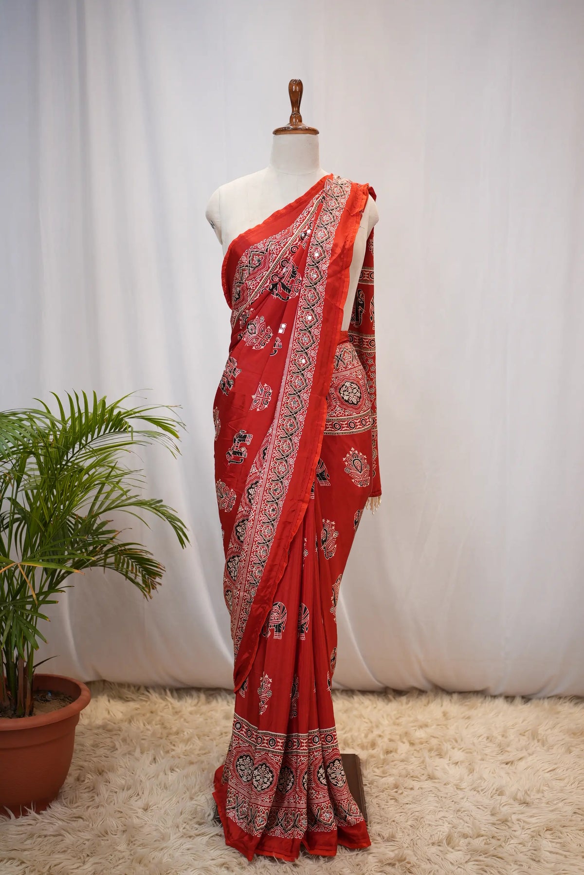 Ajrakh Print Saree with Mirror Work (With Blouse)