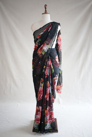 FLOWER PRINT RAJPUTI SAREE WITH AARI TARI WORK ( WITHOUT BLOUSE) ##SR0309