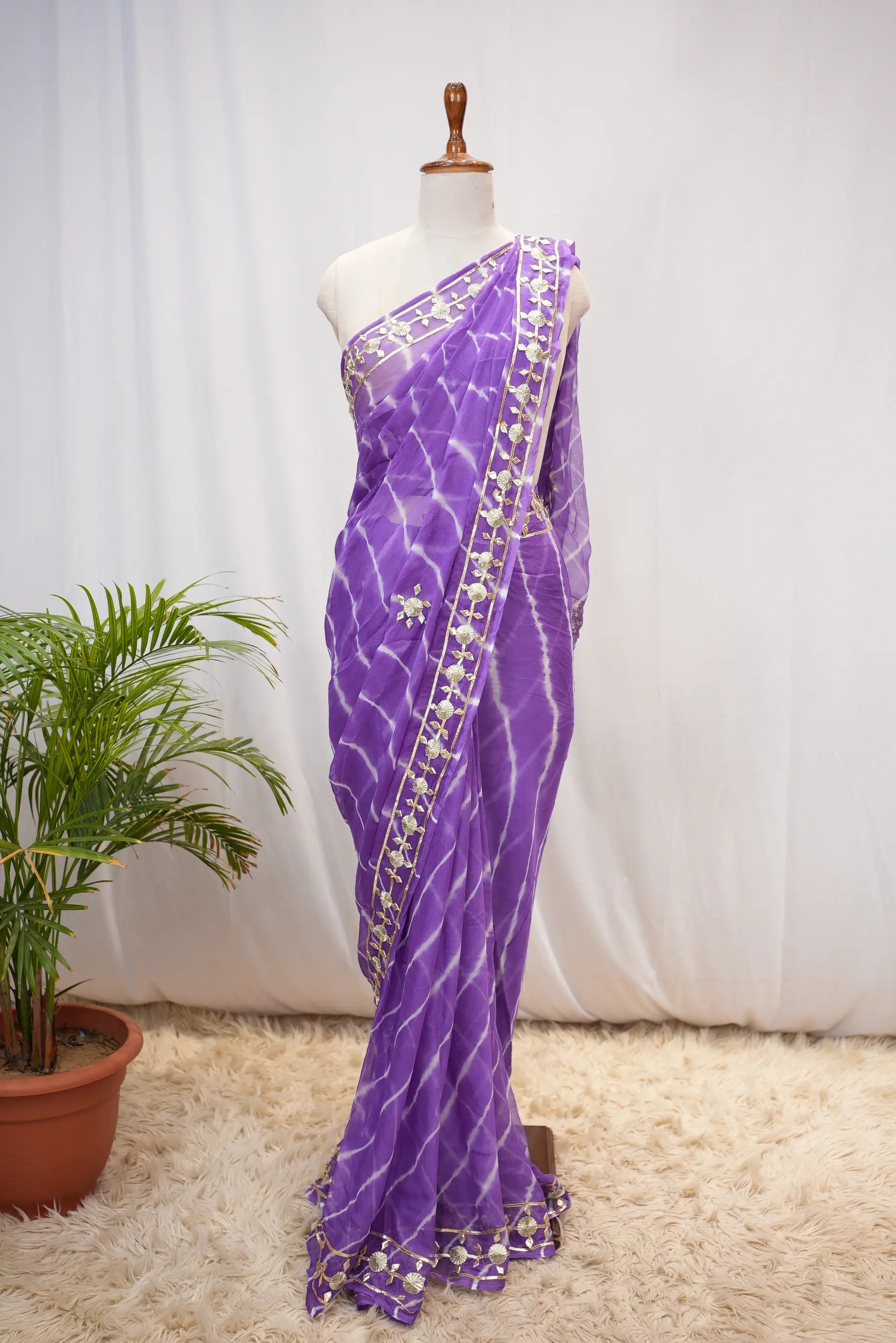 Pure Chiffon Leheriya Saree with Gota Patti Work (With Blouse)