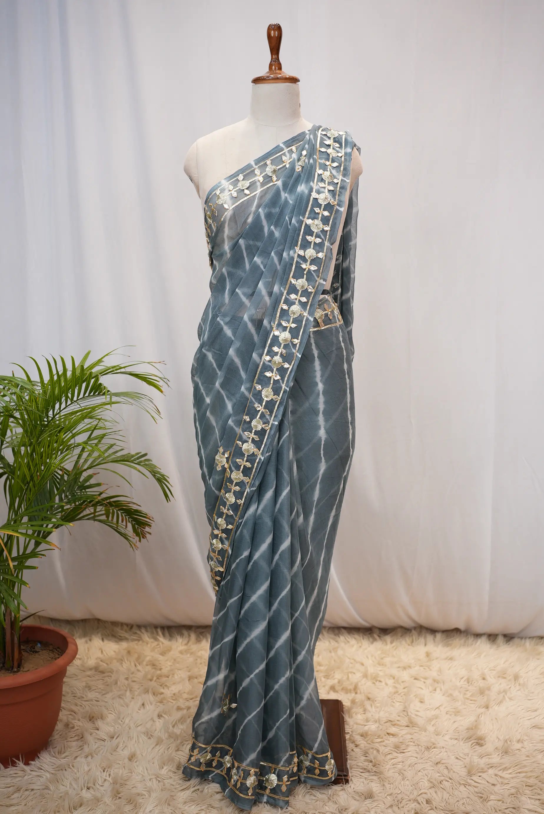 Pure Chiffon Leheriya Saree with Gota Patti Work (With Blouse)