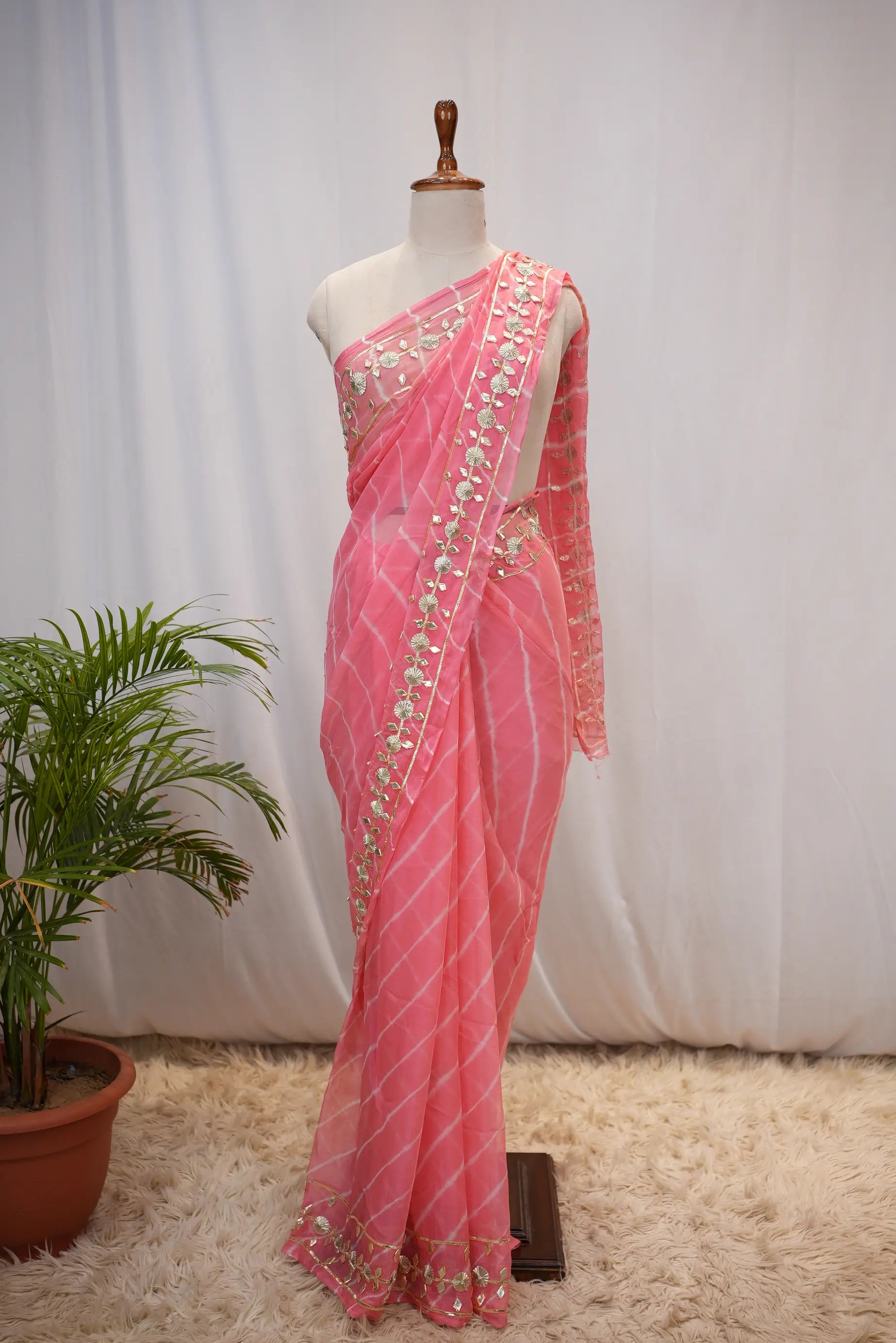 Pure Chiffon Leheriya Saree with Gota Patti Work (With Blouse)