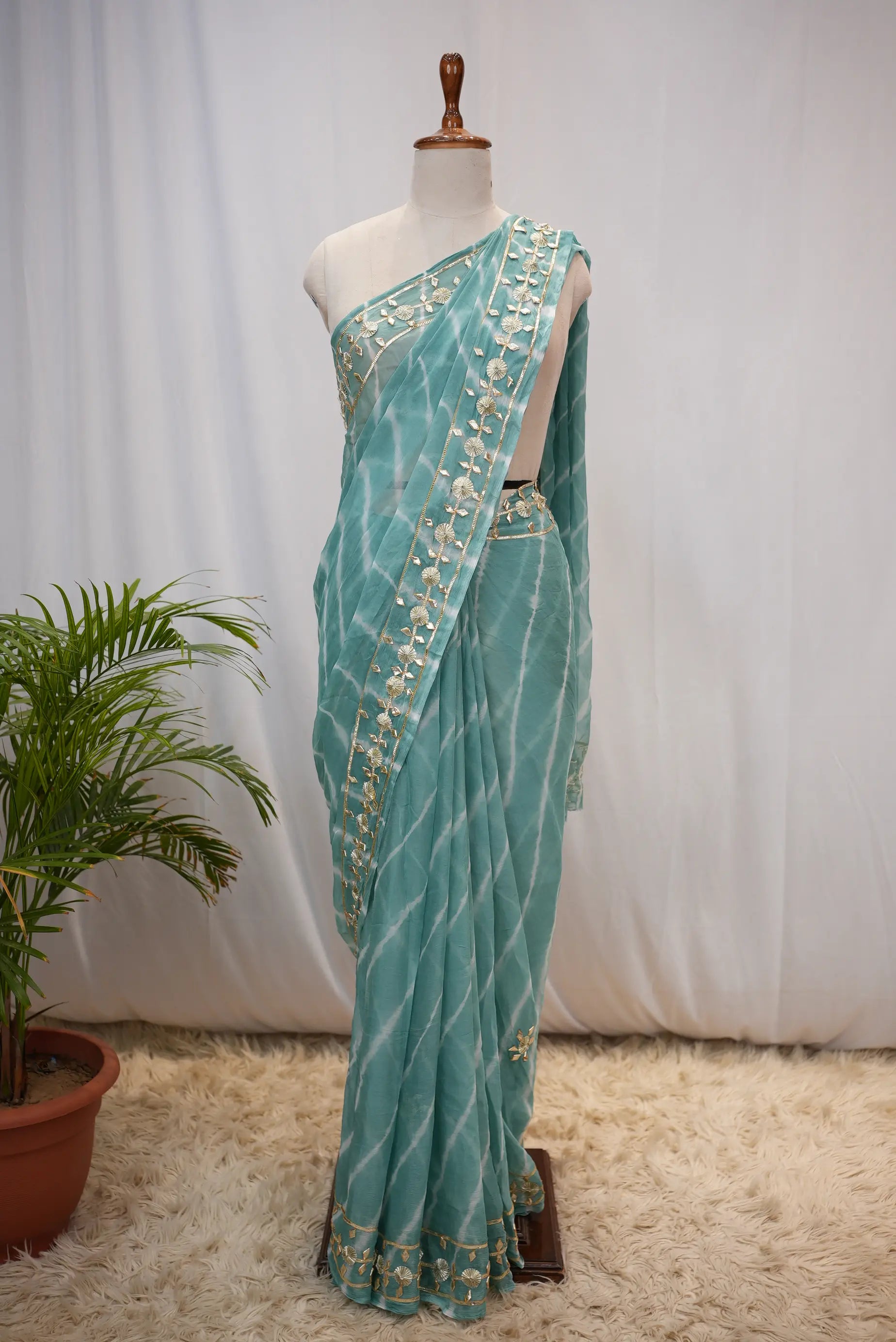 Pure Chiffon Leheriya Saree with Gota Patti Work (With Blouse)
