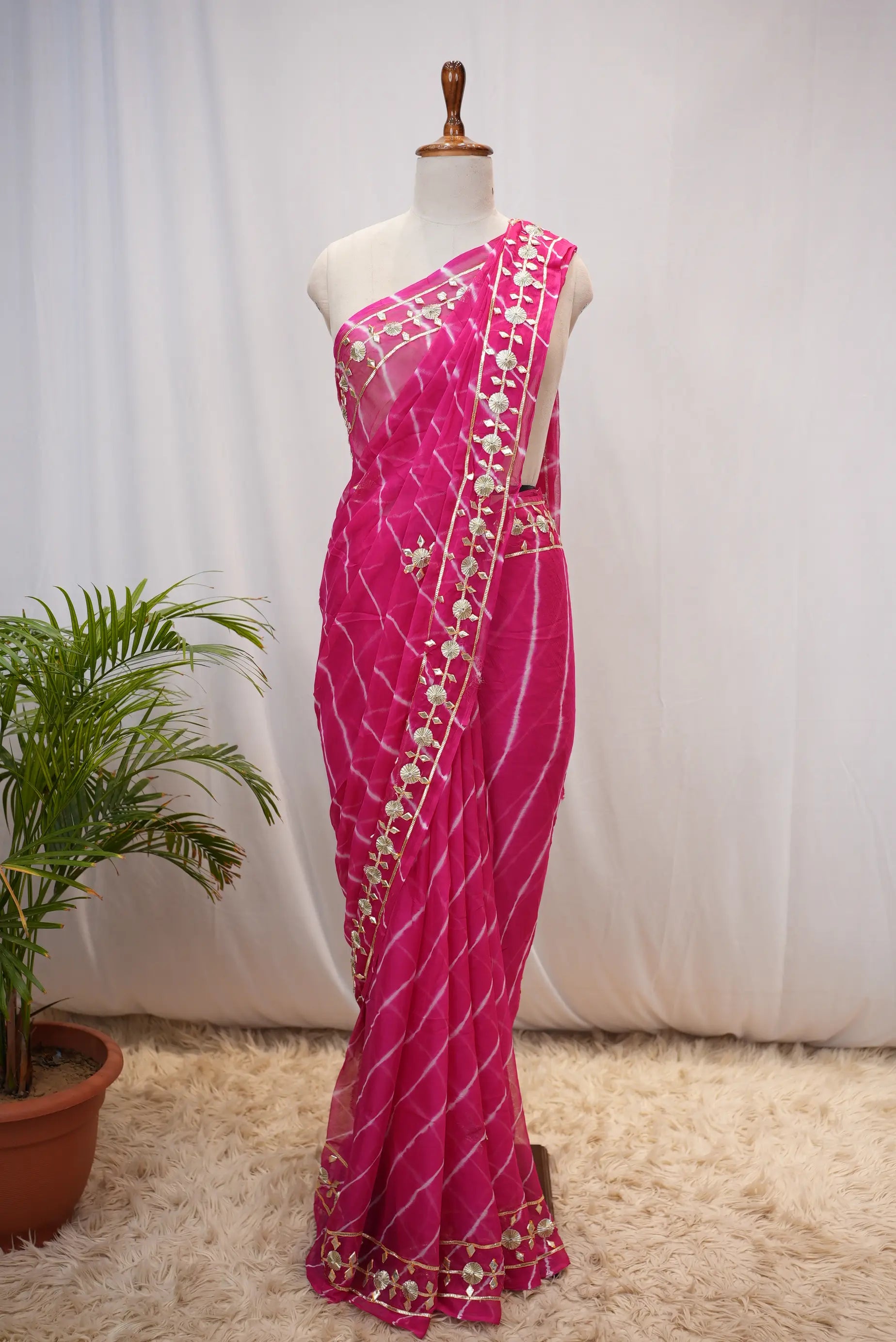 Pure Chiffon Leheriya Saree with Gota Patti Work (With Blouse)
