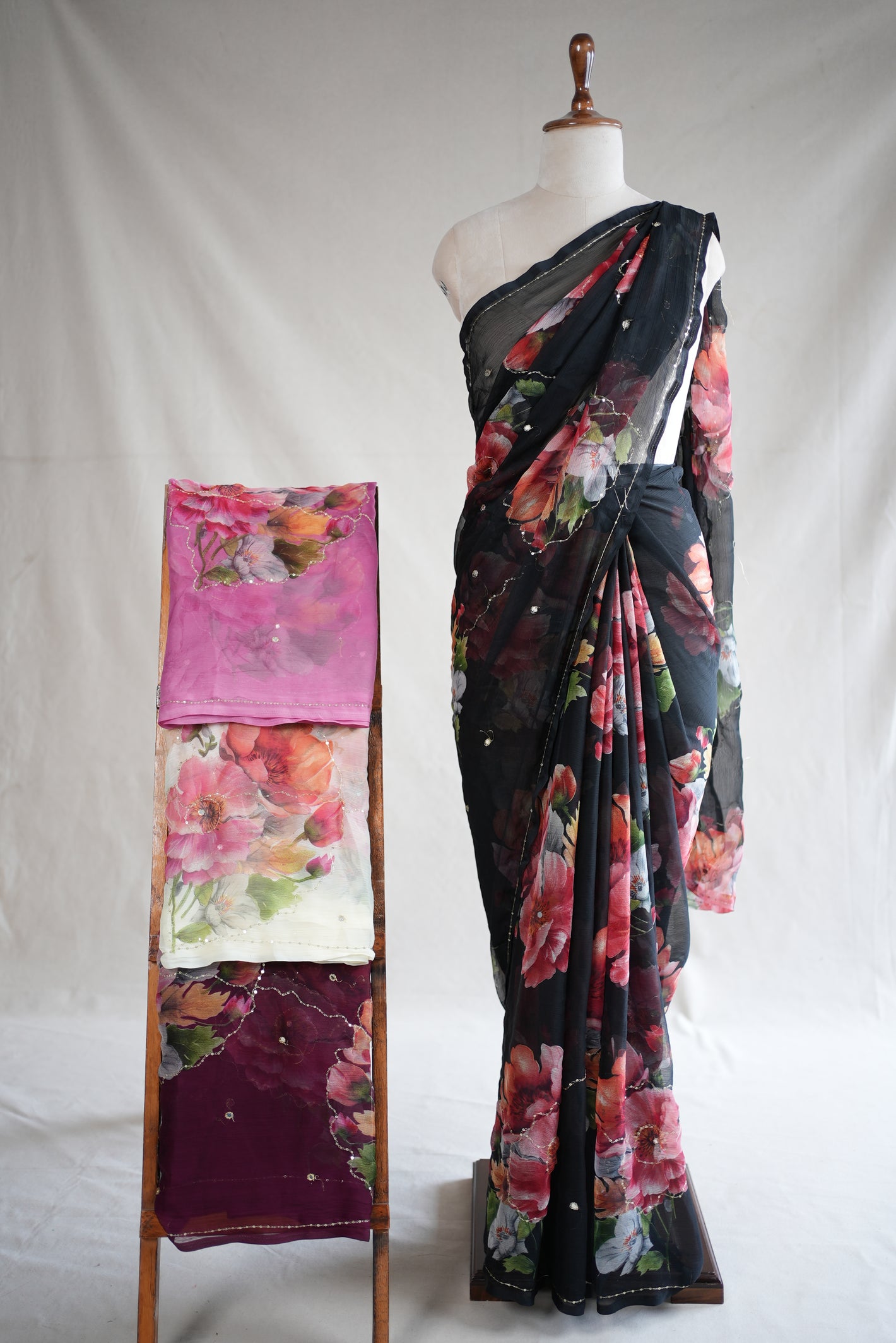 FLOWER PRINT RAJPUTI SAREE WITH AARI TARI WORK ( WITHOUT BLOUSE) ##SR0309