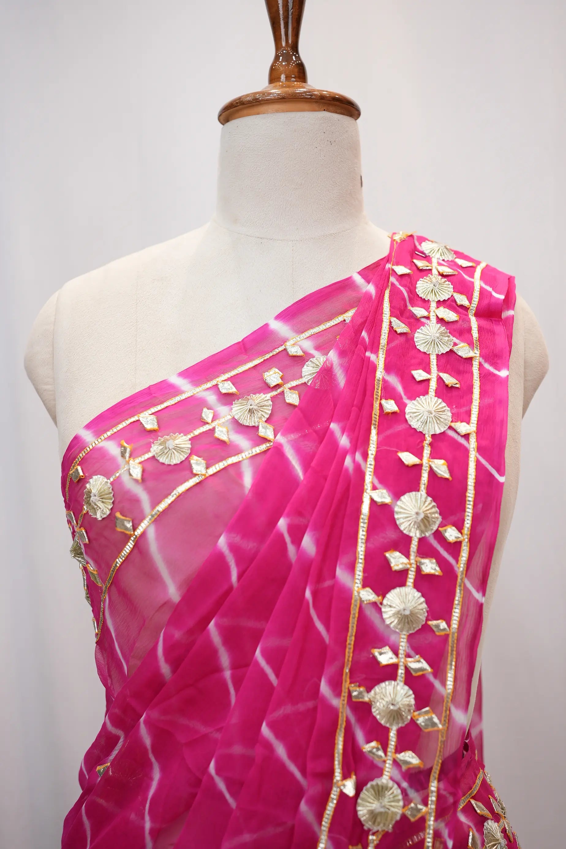 Pure Chiffon Leheriya Saree with Gota Patti Work (With Blouse)