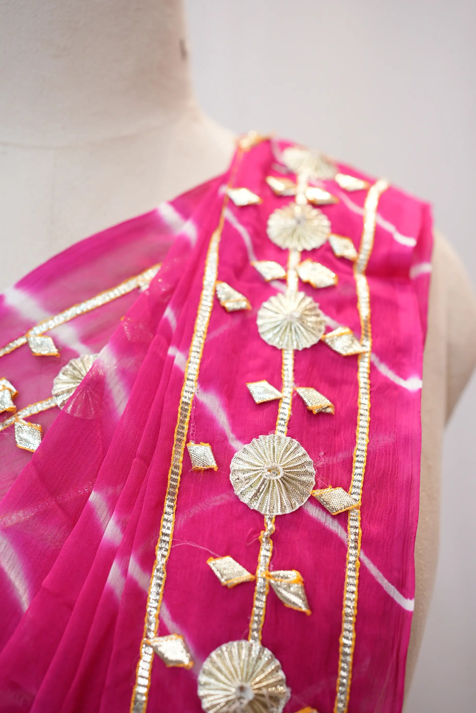 Pure Chiffon Leheriya Saree with Gota Patti Work (With Blouse)