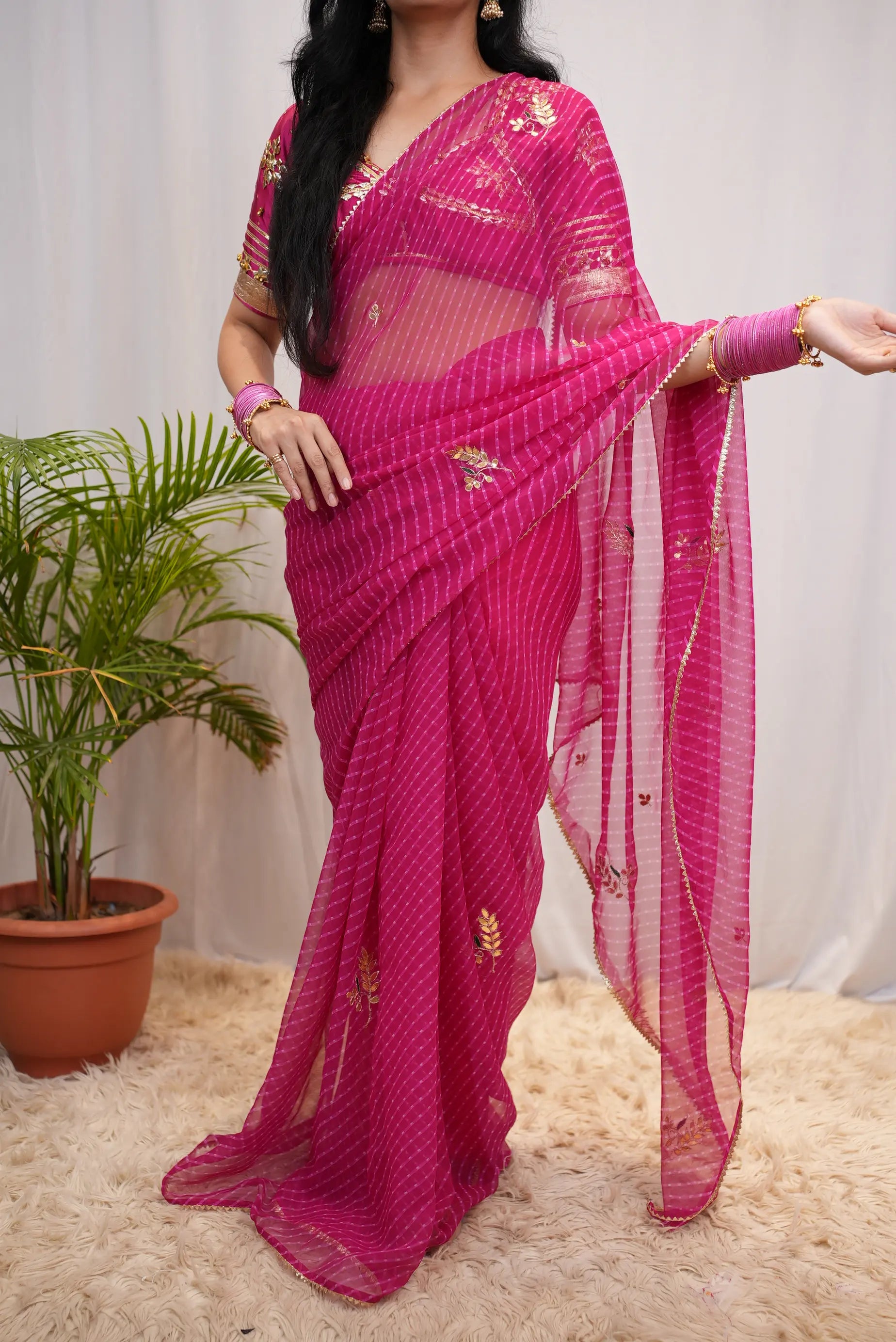 Georgette Muthda Saree with Bijiya Lace & Gota Patti Butta (Without Blouse)