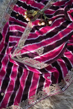 RANI & BLACK LEHRIYA SAREE WITH GOTAPATTI HANDWORK (WITH BLOUSE)      ##SR0315