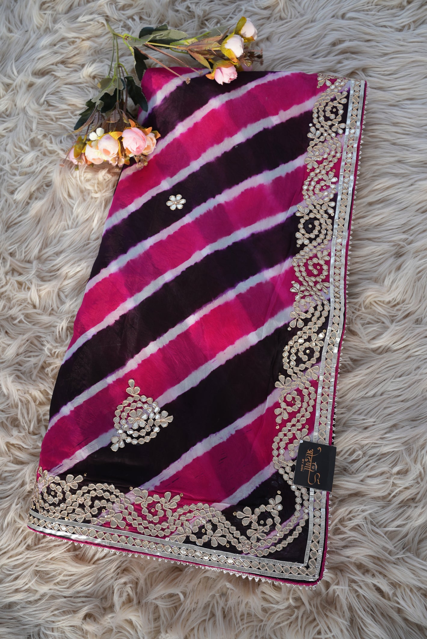 RANI & BLACK LEHRIYA SAREE WITH GOTAPATTI HANDWORK (WITH BLOUSE)      ##SR0315