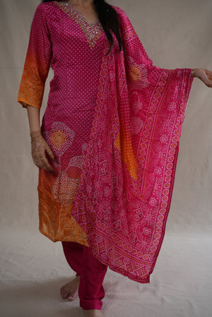 TRADITIONAL BANDHANI DESIGN HANDWORK SHADED COLOUR 3-PIECE SUIT ##SP091