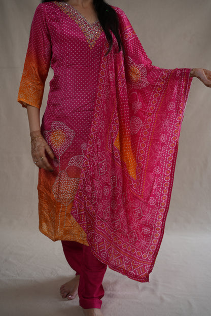TRADITIONAL BANDHANI DESIGN HANDWORK SHADED COLOUR 3-PIECE SUIT ##SP091