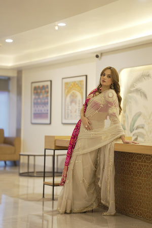 PURE CHIFFON FABRIC KACHI GOTA PATTI  WORK SAREE WITH RAJASTHANI ANGI BLOUSE ALONG WITH PURE GAZZI SILK BANDHANI ZARDOZI WORK DUPATTA ##SR0232