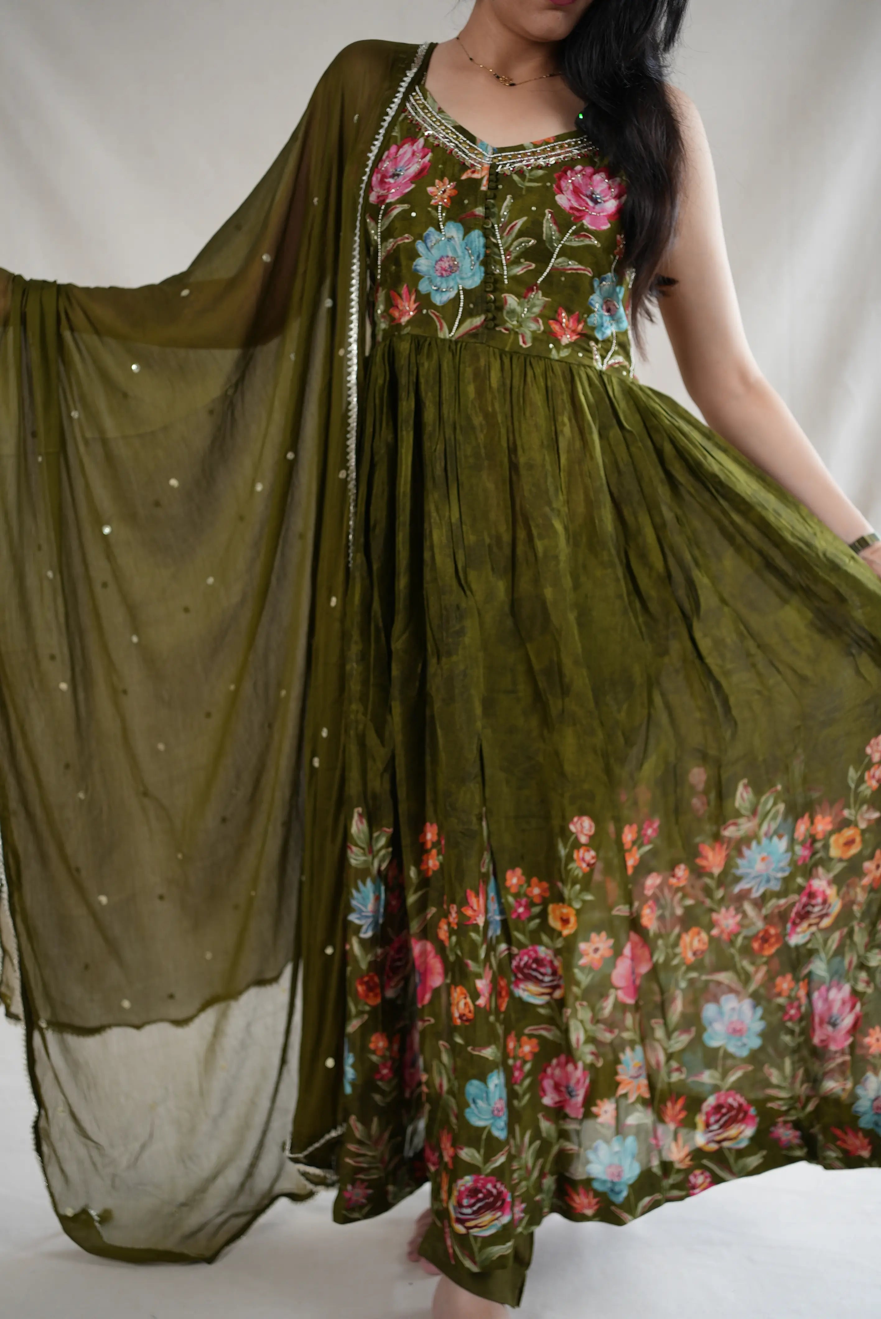 HANDWORK AND DIGITAL PRINT 3-PIECE ANARKALI SUIT WITH CHINNON FABRIC DUPATTA